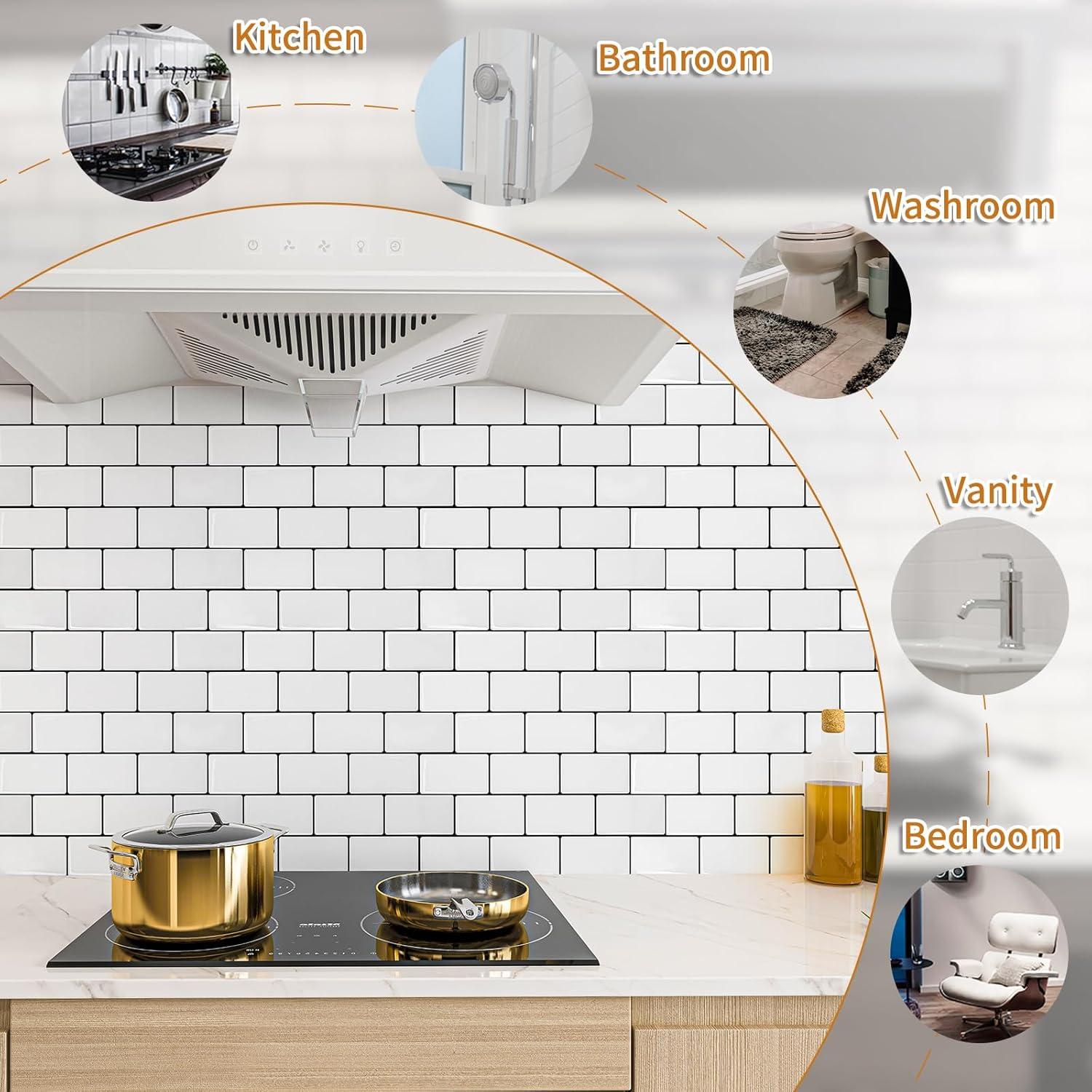 Art3d Peel and Stick Backsplash Tile, 10-Sheet Stick on Subway Tiles for Kitchem, Bathroom Back Splashes, 12"x12", Warm White with Black Grout