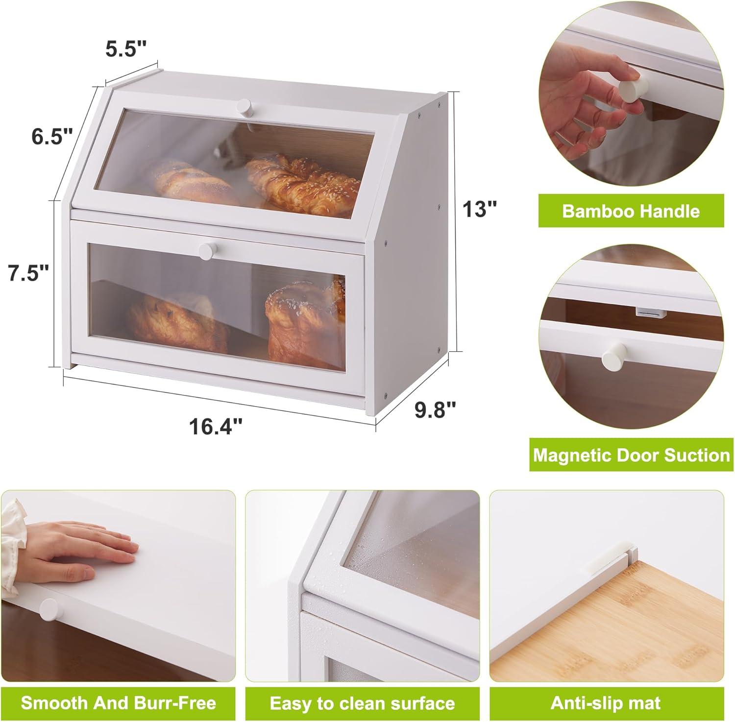 Farmhouse Bread Box for Kitchen Countertop Bread box Double Layer Bamboo Wooden Extra Large Capacity Bin Kitchen Food Storage Container(White)