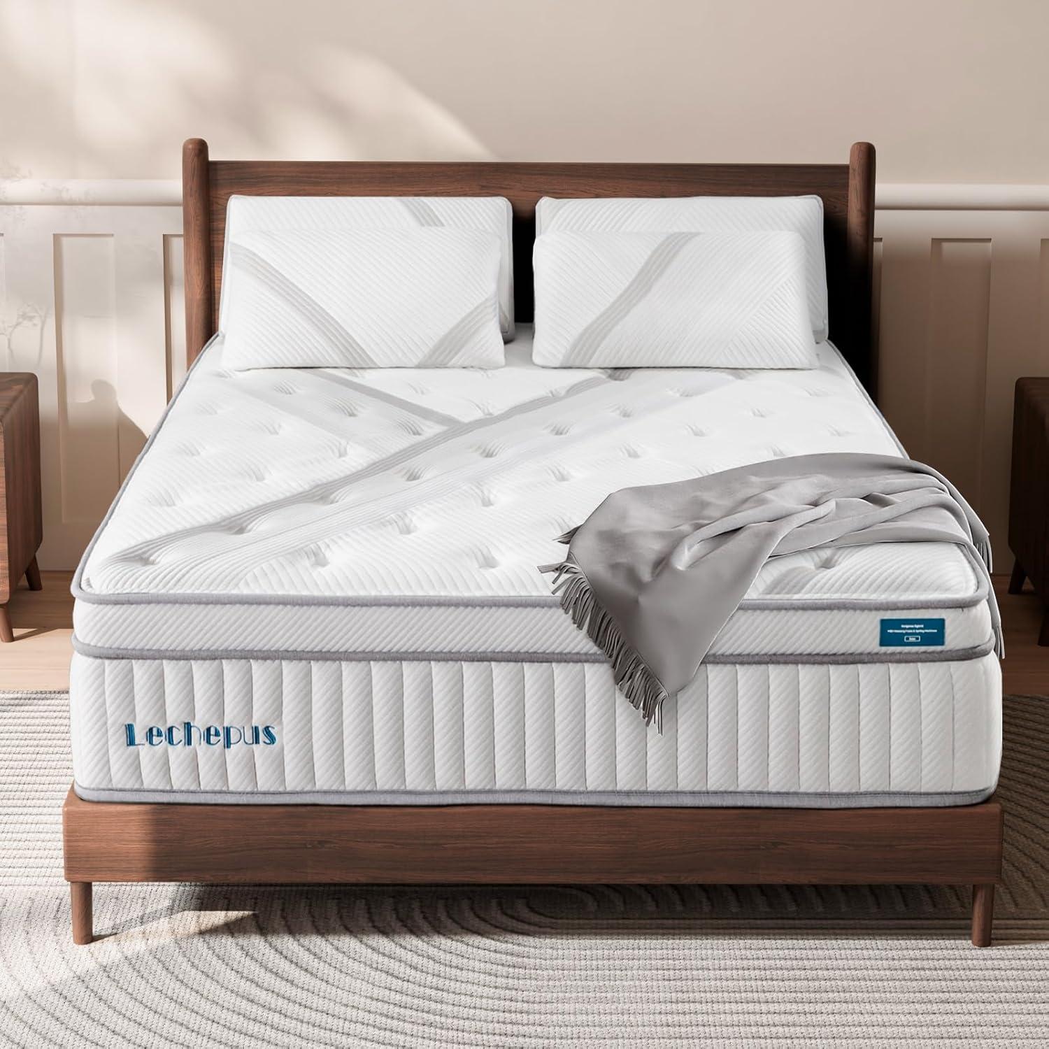 Lechepus 14 Inch Queen Mattress, Comfort Memory Foam Hybrid Mattress for Pressure Relief,  Medium Plush Feel Pocket Springs Mattress,  Mattress in Box, CertiPUR-US Certified