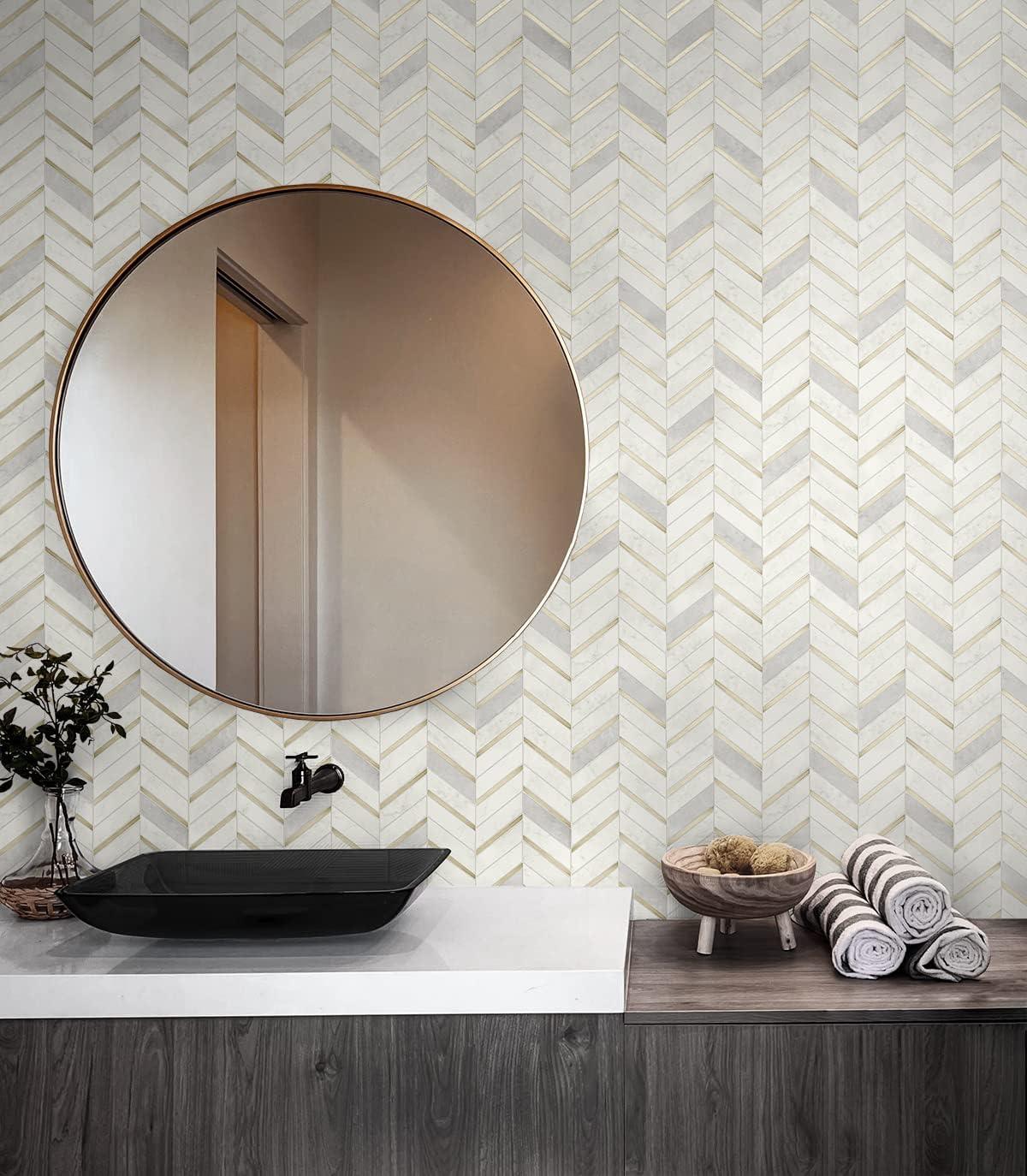 NextWall Faux Chevron Marble Tile Peel and Stick Wallpaper: Self-Adhesive, Repositionable, Washable, Gold, 30.75 Sq Ft Coverage