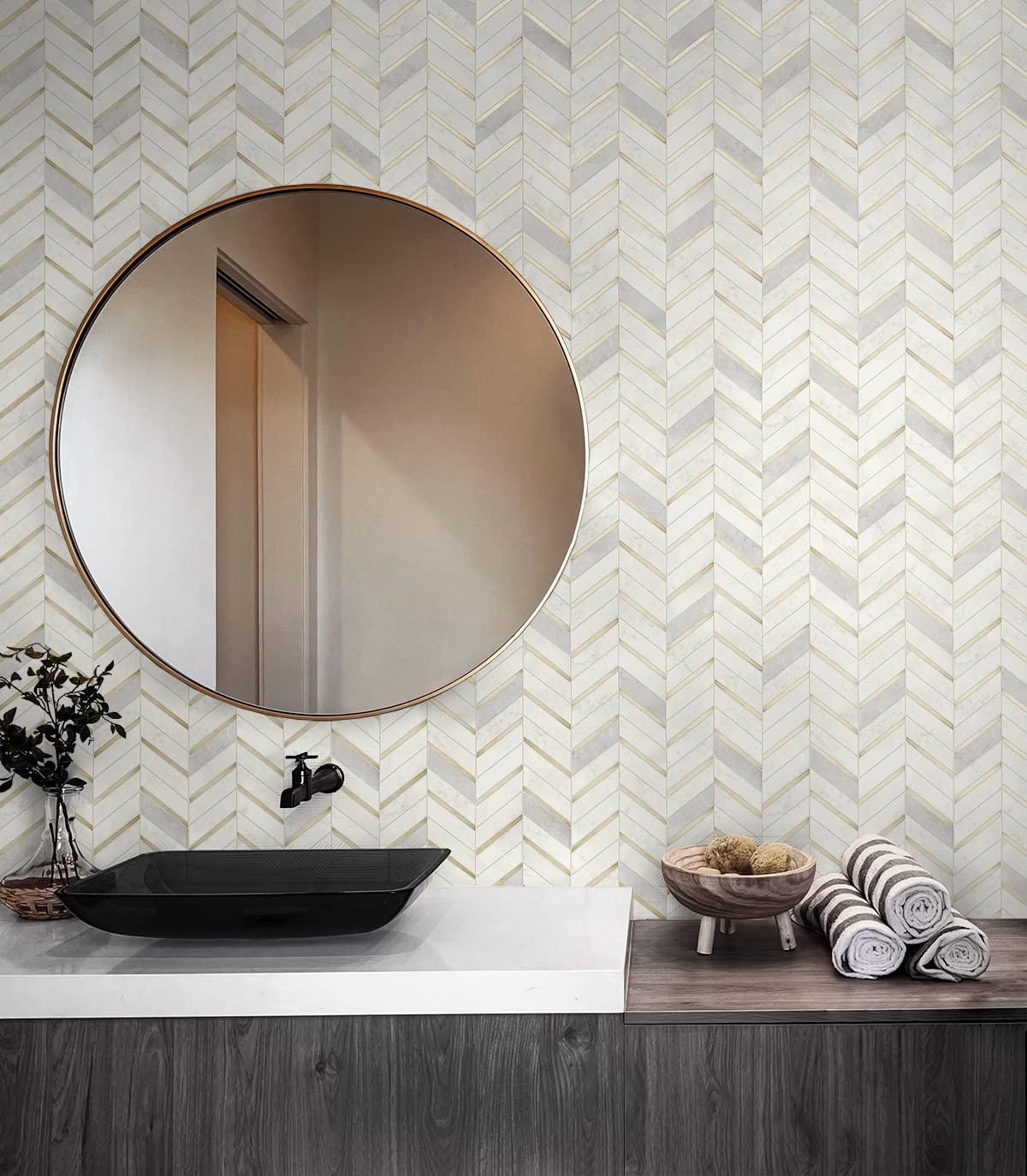 NextWall Faux Chevron Marble Tile Peel and Stick Wallpaper: Self-Adhesive, Repositionable, Washable, Gold, 30.75 Sq Ft Coverage
