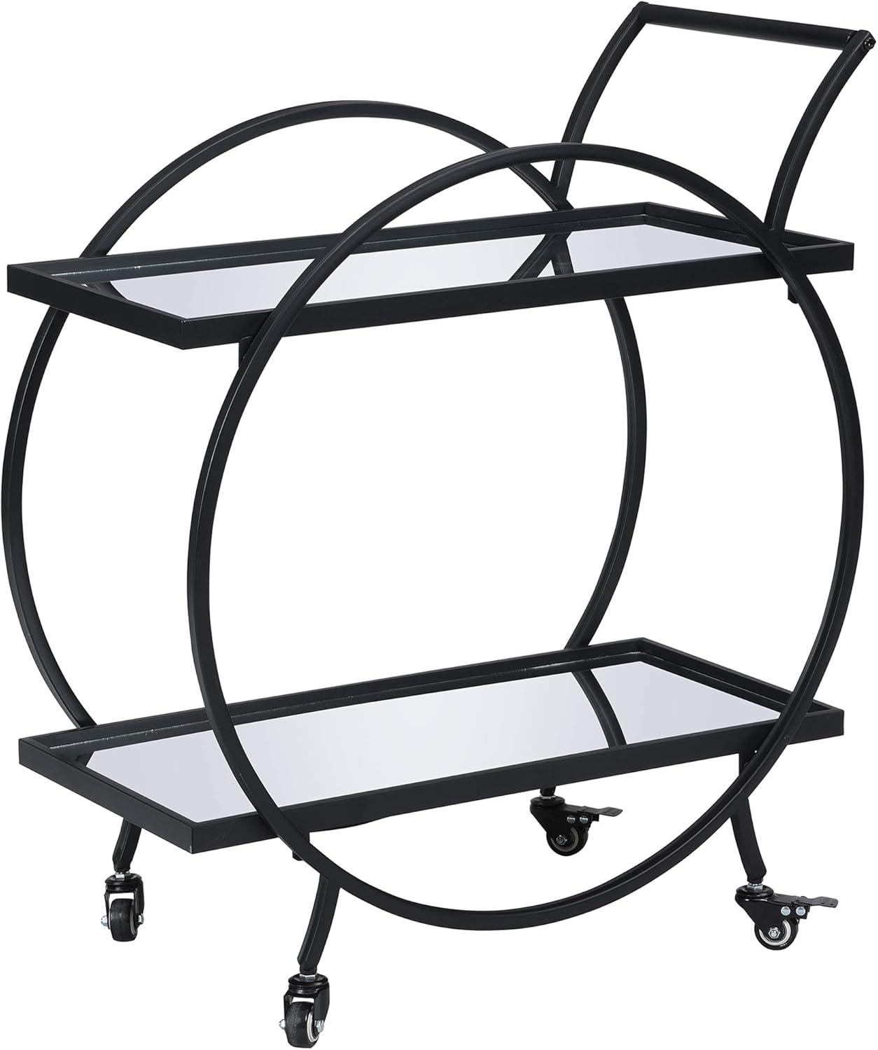 Odessa Glam Black Metal Round Bar Cart with Mirrored Shelves