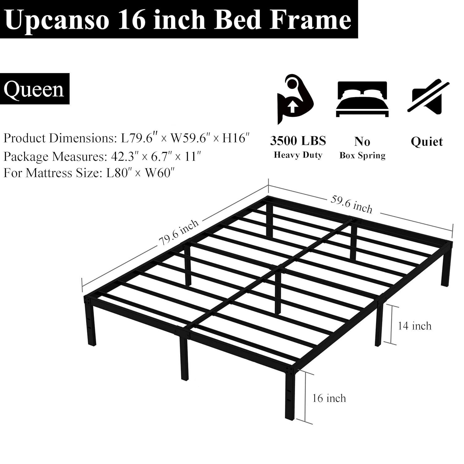 16 Inch Queen Bed Frame No Box Spring Required, Metal Platform Queen Size Bed Frames with 14 Inch Storage, 3,500 lbs Heavy Duty Steel Slats Support, Easy Assembly Mattress Foundation