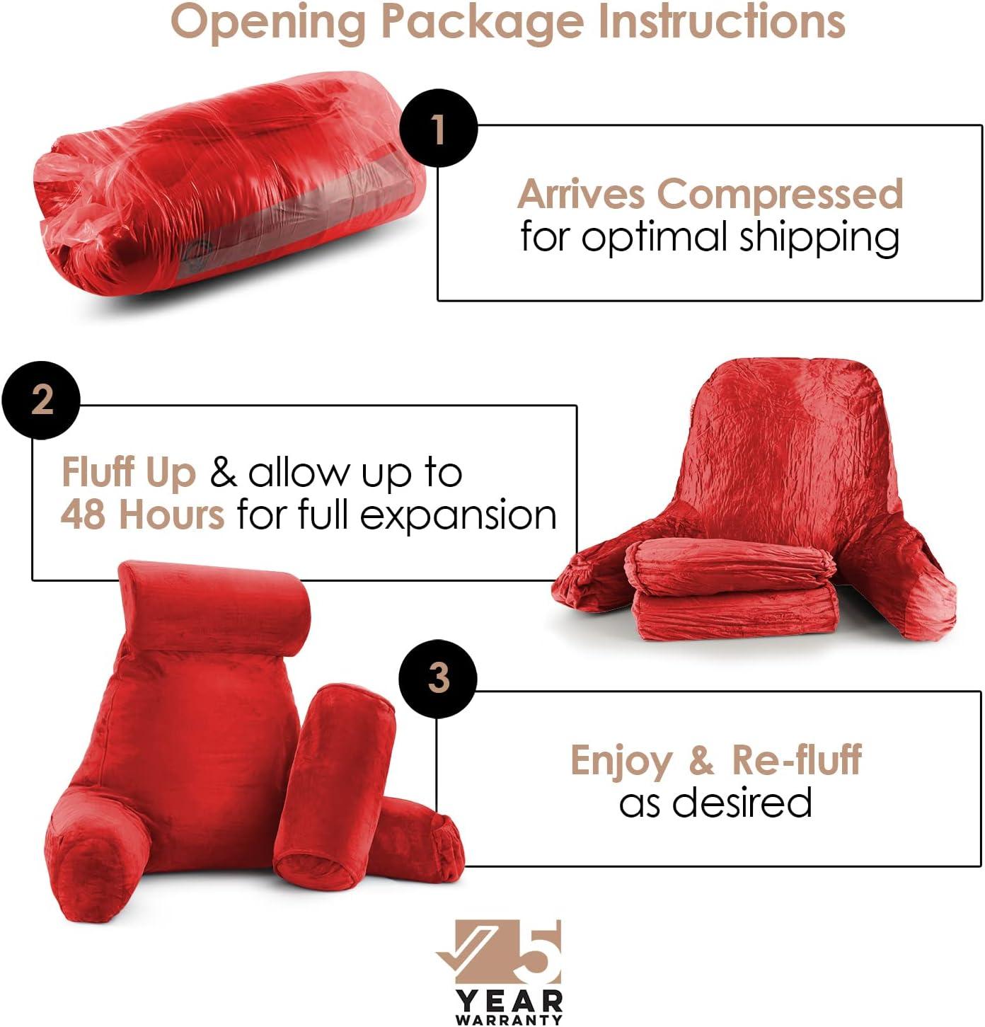 Nestl Reading Pillow with Shredded Memory Foam Includes 2 Neck and Lumber Support Pillows, Designed for Sitting Up in Bed and Couch, Back and Arms Adjustable Support for Adult & Teens, Red