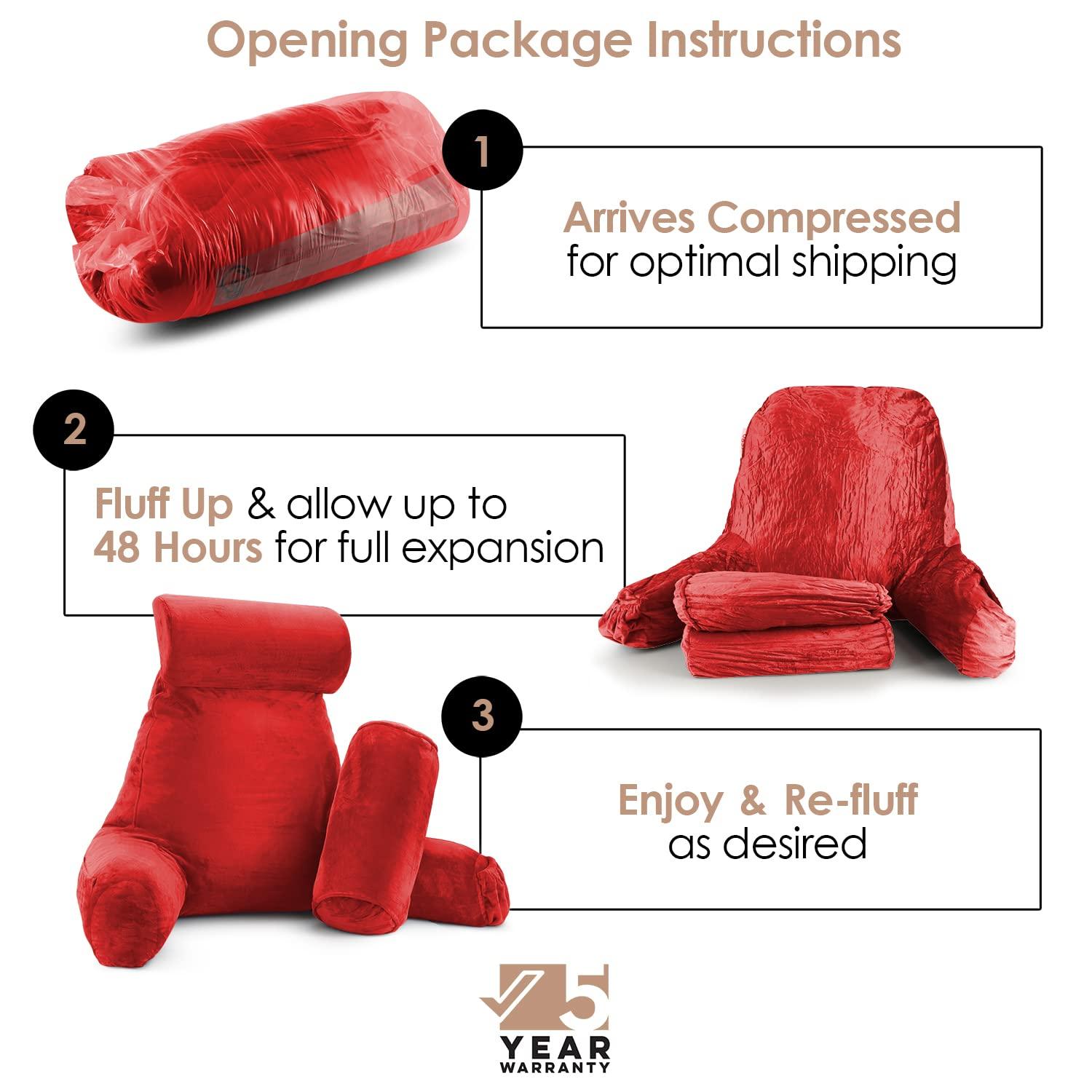 Nestl Reading Pillow with Shredded Memory Foam Includes 2 Neck and Lumber Support Pillows, Designed for Sitting Up in Bed and Couch, Back and Arms Adjustable Support for Adult & Teens, Red