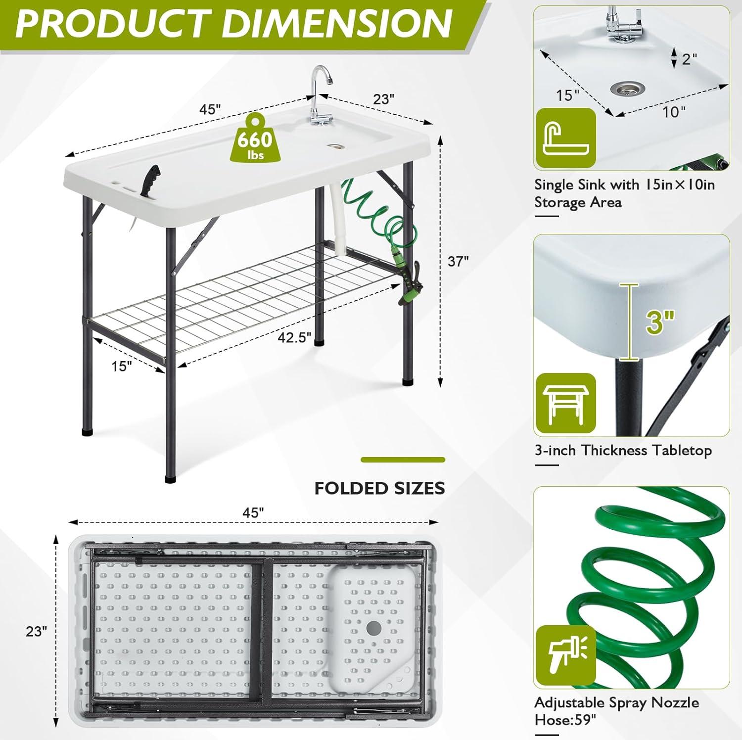 Folding Fish Cleaning Table Portable Camping Sink Table with Faucet Drainage Hose & Sprayer Outdoor Fish Fillet Cleaning Station with Grid Rack & Knife Groove for Picnic Fishing, Grey