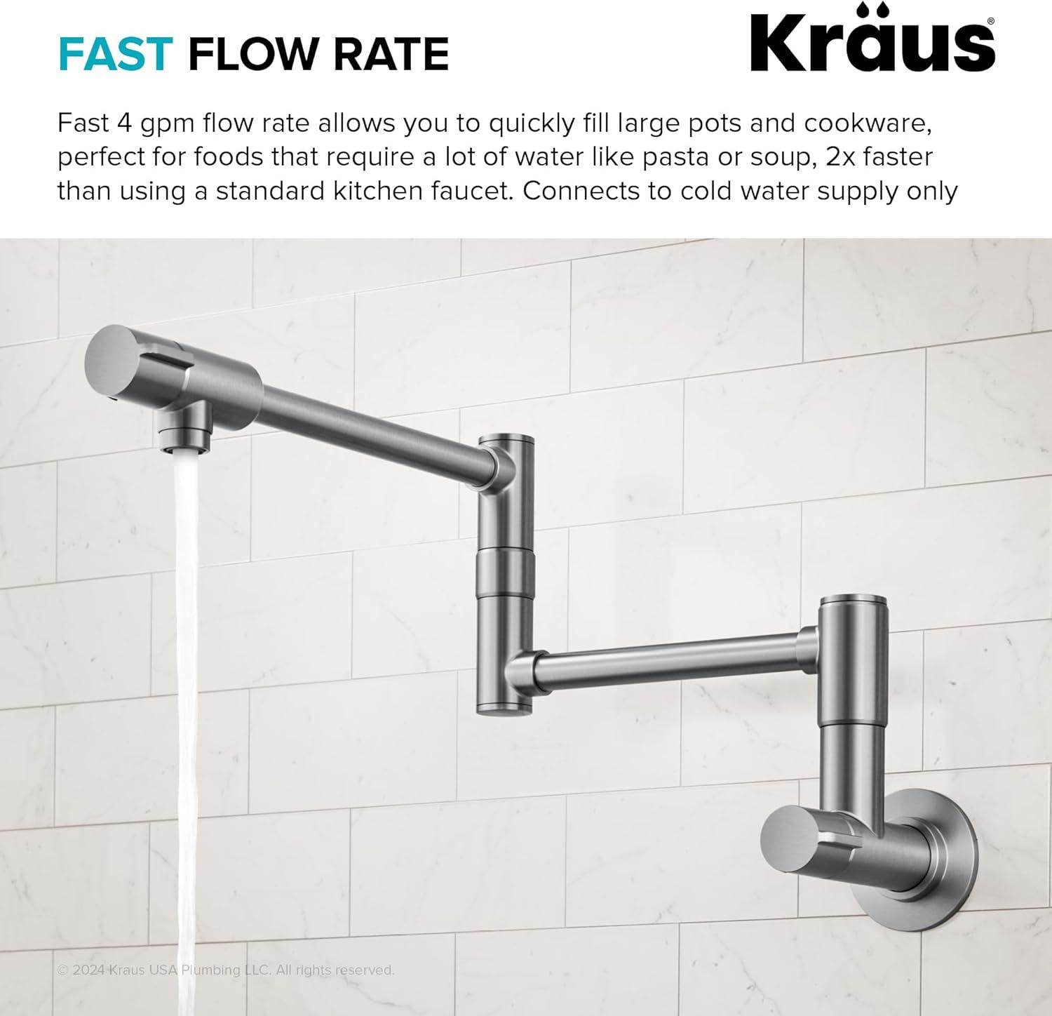 KRAUS Bolden 2 Handle Pot Filler Faucet With Retractable Arm, Wall Mount Kitchen Faucet, Pot Filler For Over Stove