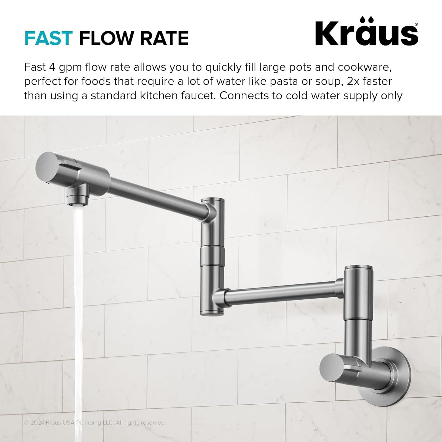 KRAUS Bolden 2 Handle Pot Filler Faucet With Retractable Arm, Wall Mount Kitchen Faucet, Pot Filler For Over Stove