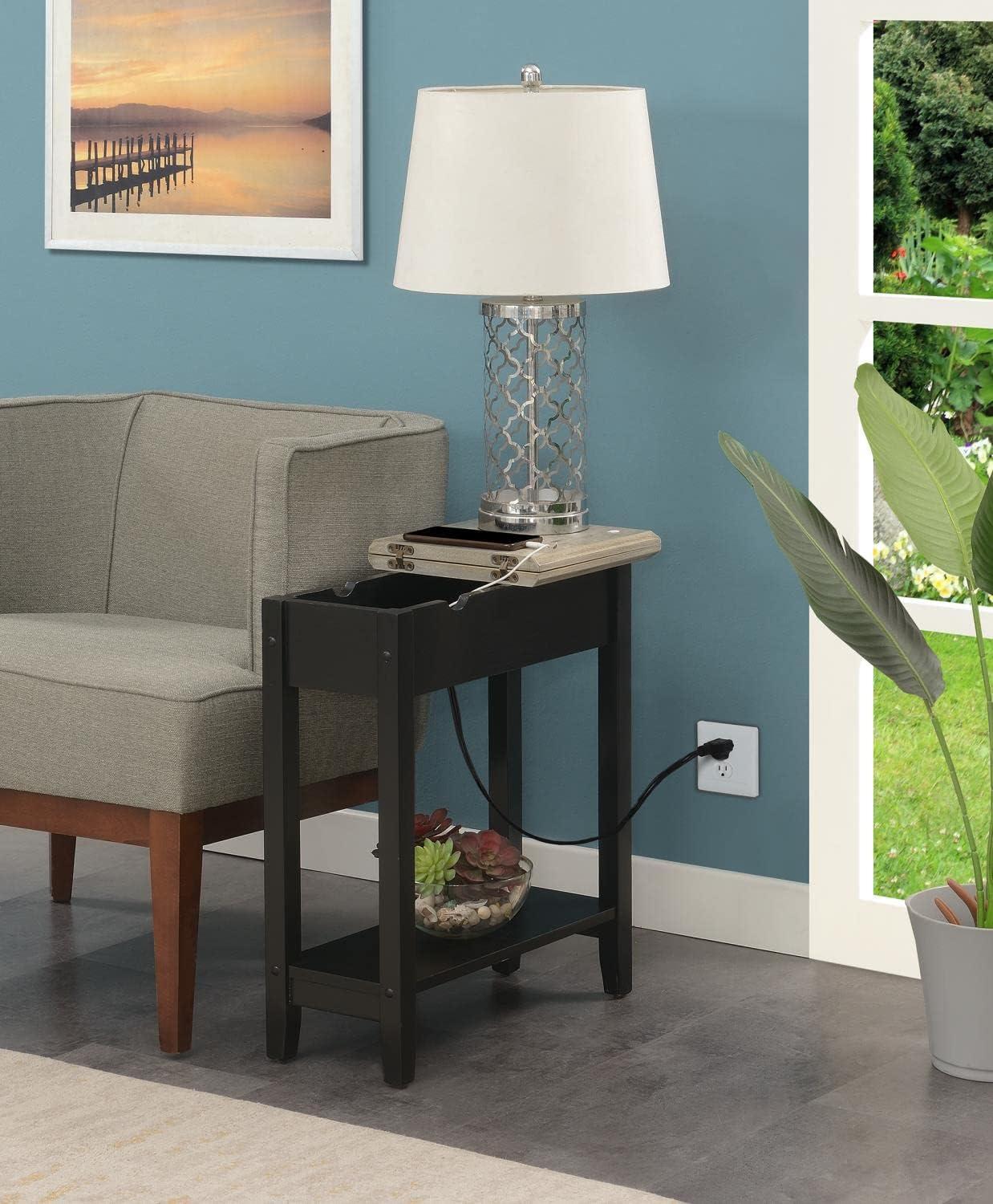 Convenience Concepts American Heritage Flip Top End Table with Charging Station, Faux Birch/Black