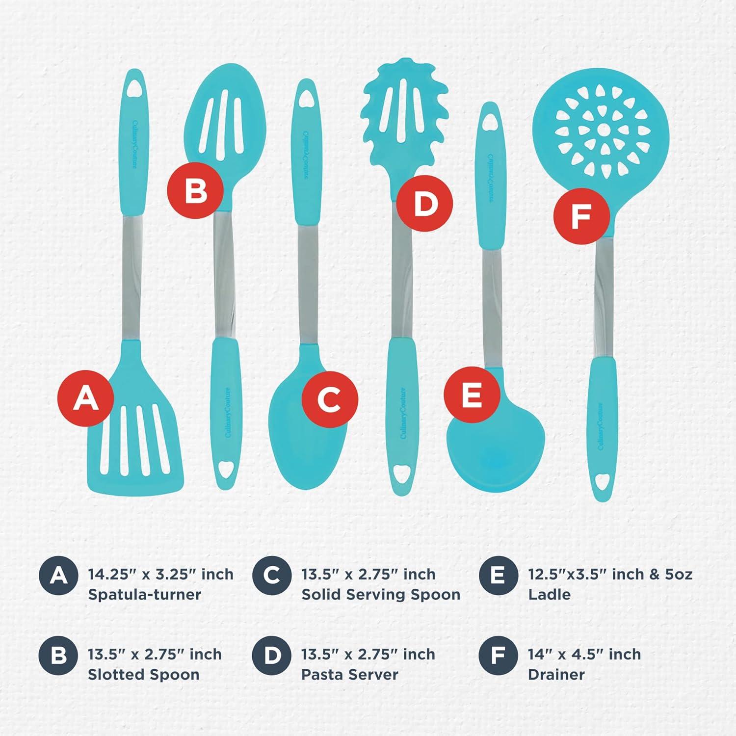 Culinary Couture Kitchen Utensils Set Cooking Essentials Silicone & Stainless Steel Set of 6 Turquoise
