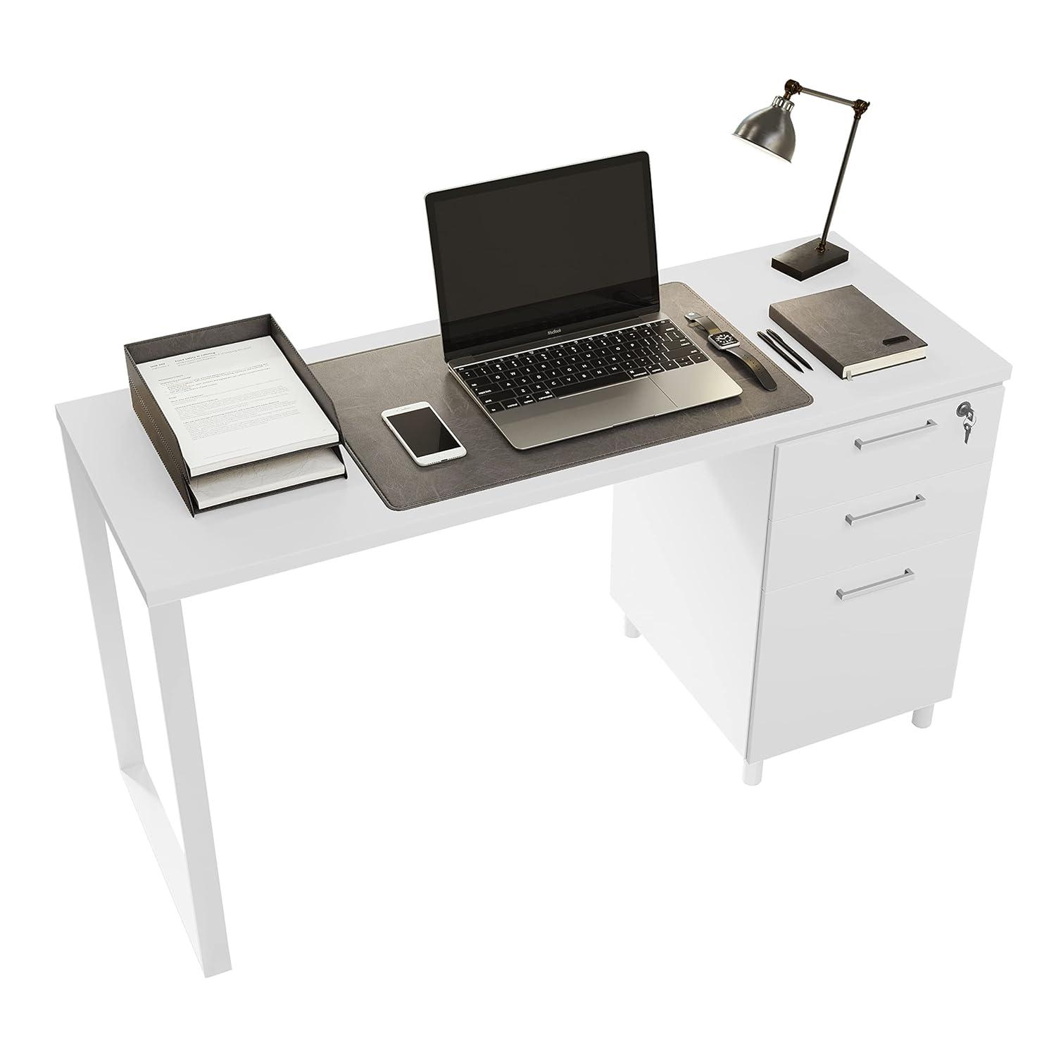 Modern Designs by Crafts and Comfort Milano Modern Home & Office Computer Desk - 47 Inch with 3 Locking Drawers - Wooden Study Writing Desk with Storage Space - White