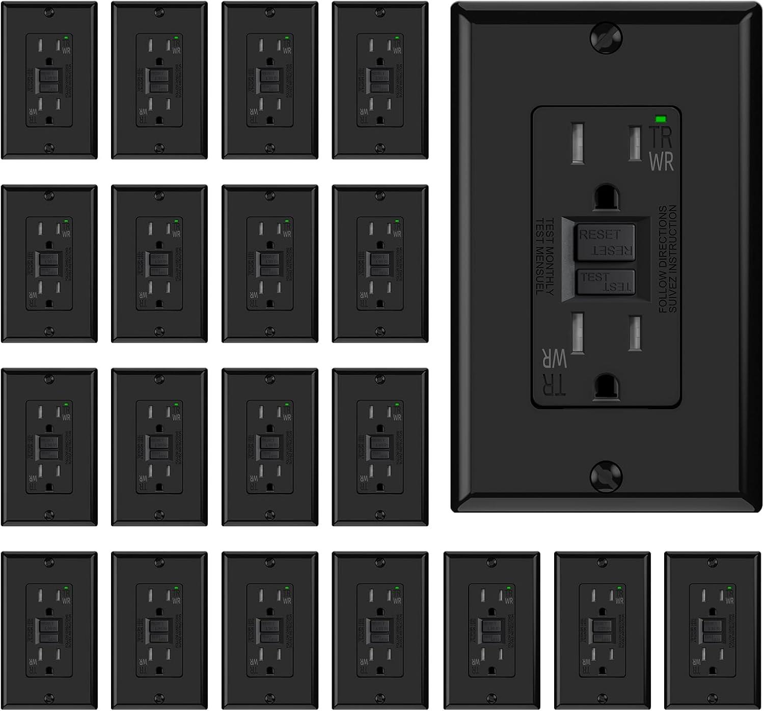 ELEGRP GFCI Outlet Outdoor, 15 Amp Self-Test GFI Electrical Outlet with Thinner Design, Weather & Tamper Resistant GFCI Receptacle, Ground Fault Receptacle with Screwless Wall Plate, UL Listed, Black