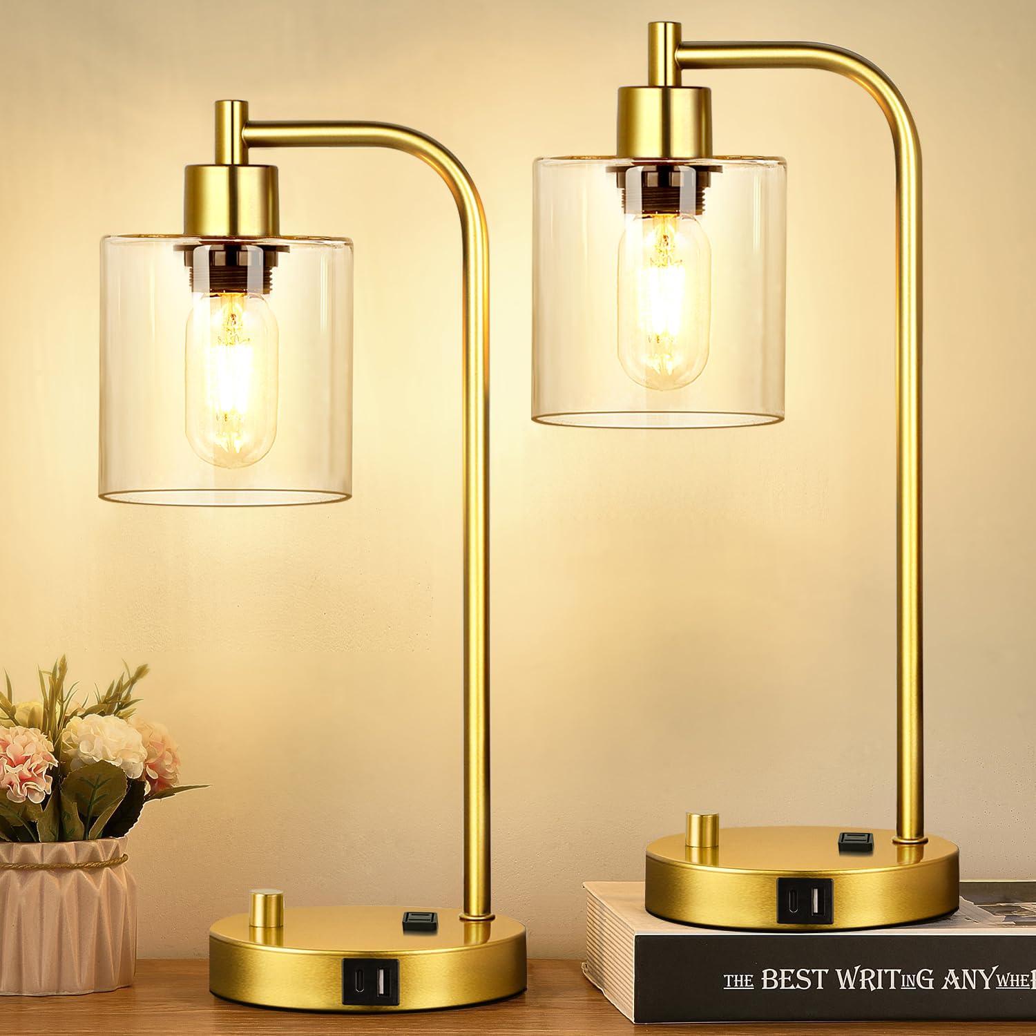 【Upgraded】Set of 2 Industrial Table Lamps with 2 USB Port, Fully Stepless Dimmable Bedside Lamps for Bedroom, Nightstand Desk Lamps with Glass Shade for Bedroom Living Room Office 2 LED Bulb Included