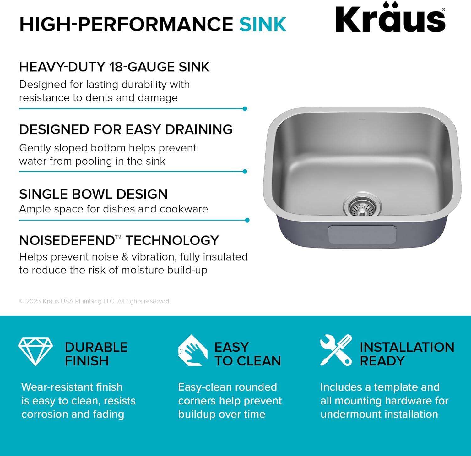KRAUS Premier 16 Gauge Undermount Single Bowl Stainless Steel Kitchen Sink