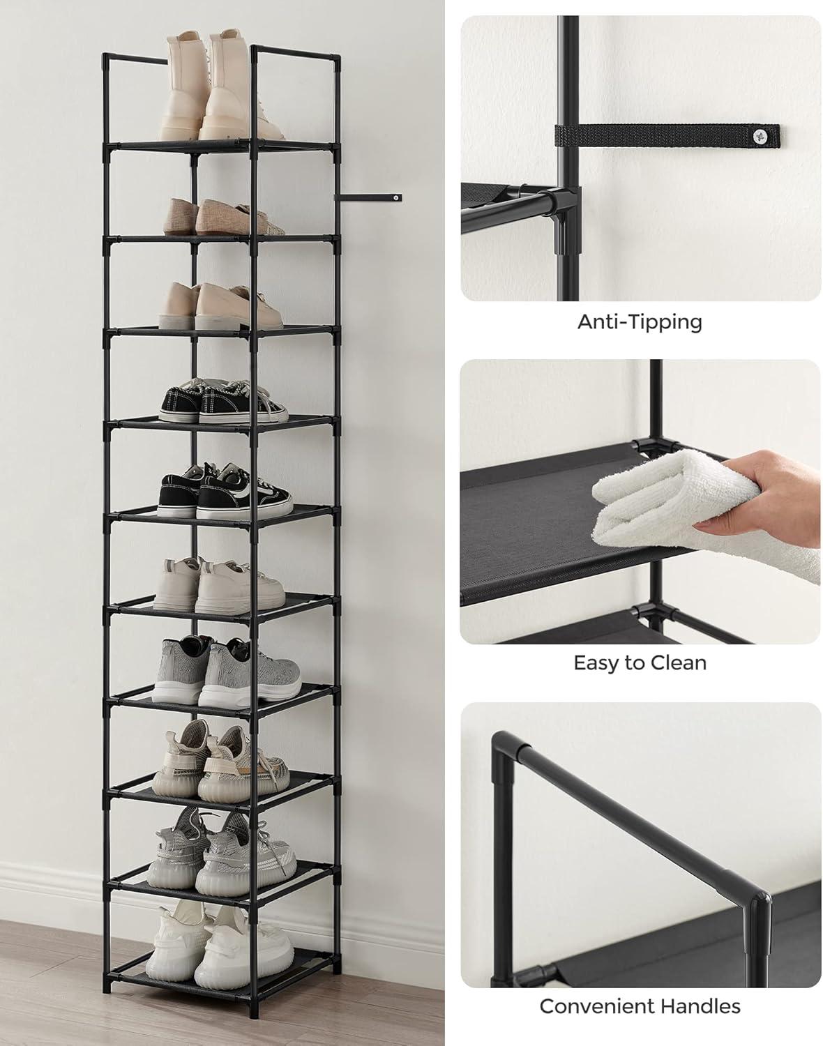 Black 10-Tier Metal and Fabric Freestanding Shoe Rack