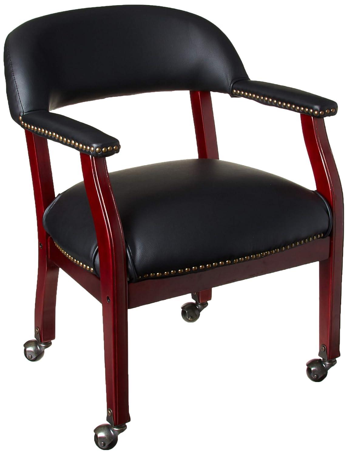 Captain's Chair with Casters Black - Boss Office Products: Mahogany Base, Vinyl Upholstery, Brass Castors