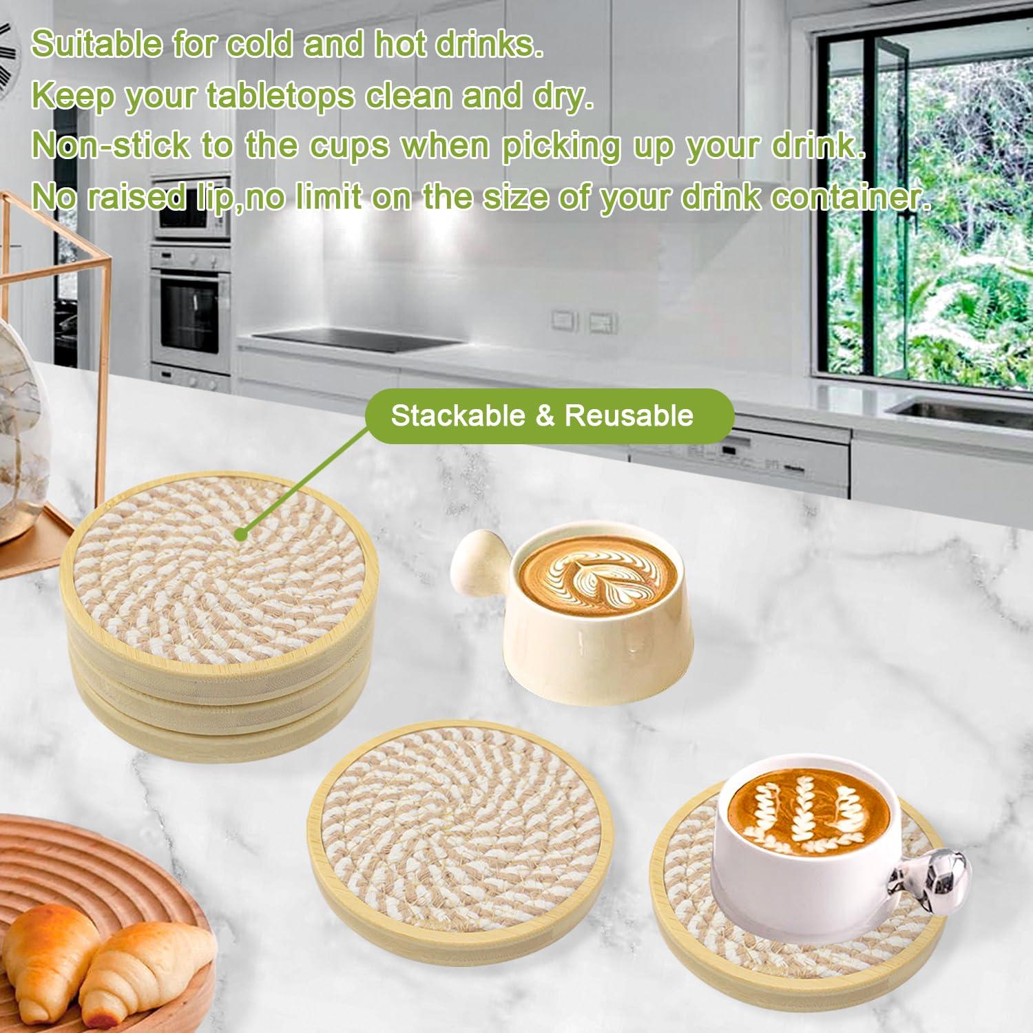 Wood Coasters for Drinks, Absorbent Coaster Sets of 5, Woven Drink Coasters for Coffee Table, Housewarming Gift for Farmhouse Home Decor,4 inches #1 Brown 5 Pack