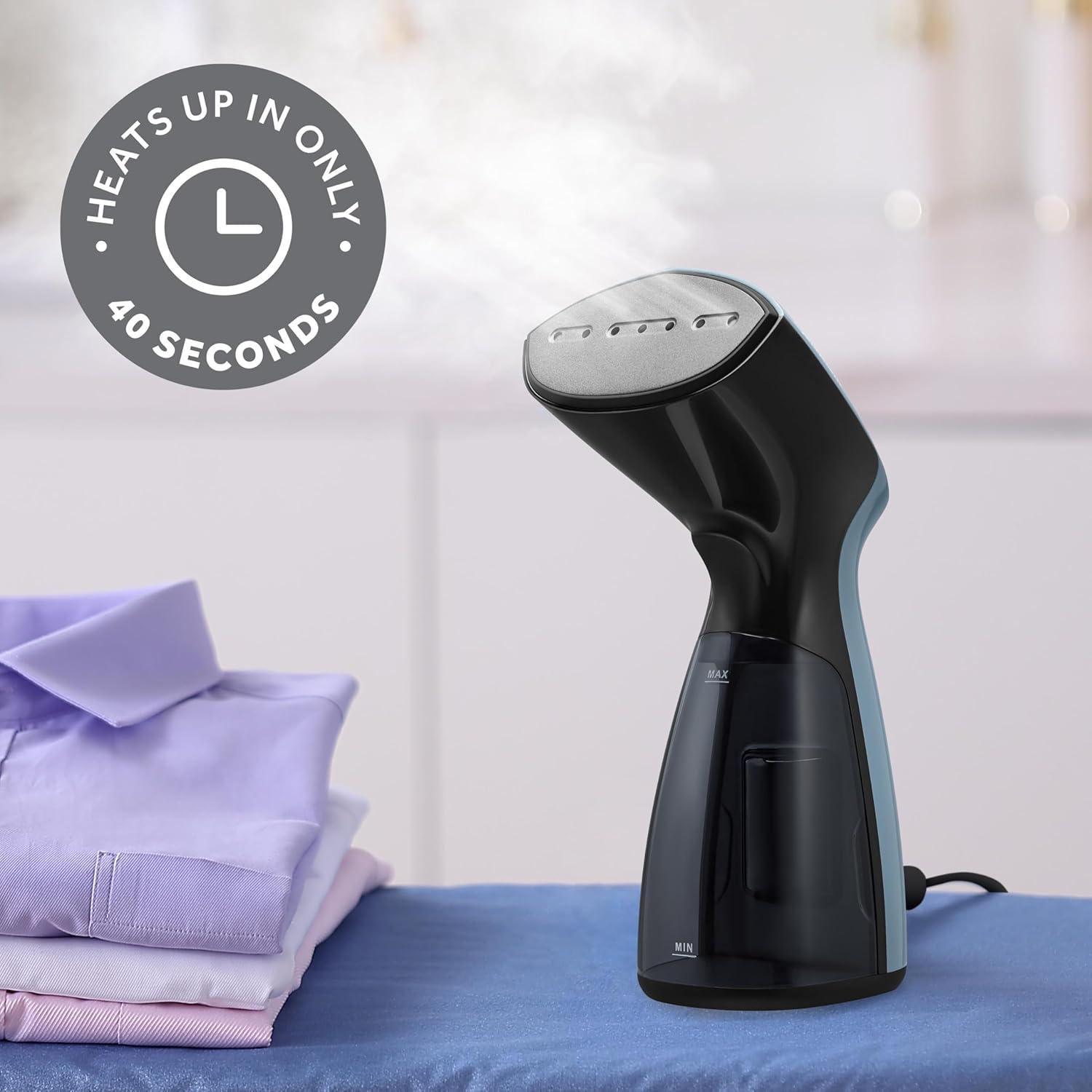 Sunbeam 1000W Compact Handheld Steamer for Clothes, Portable, Travel Steamer, Non-Stick Head, 30s Heat Up, 8 Minutes Continuous Steam, 110ml Water Tank, Bristle Brush, Storage Bag, Blue/Black