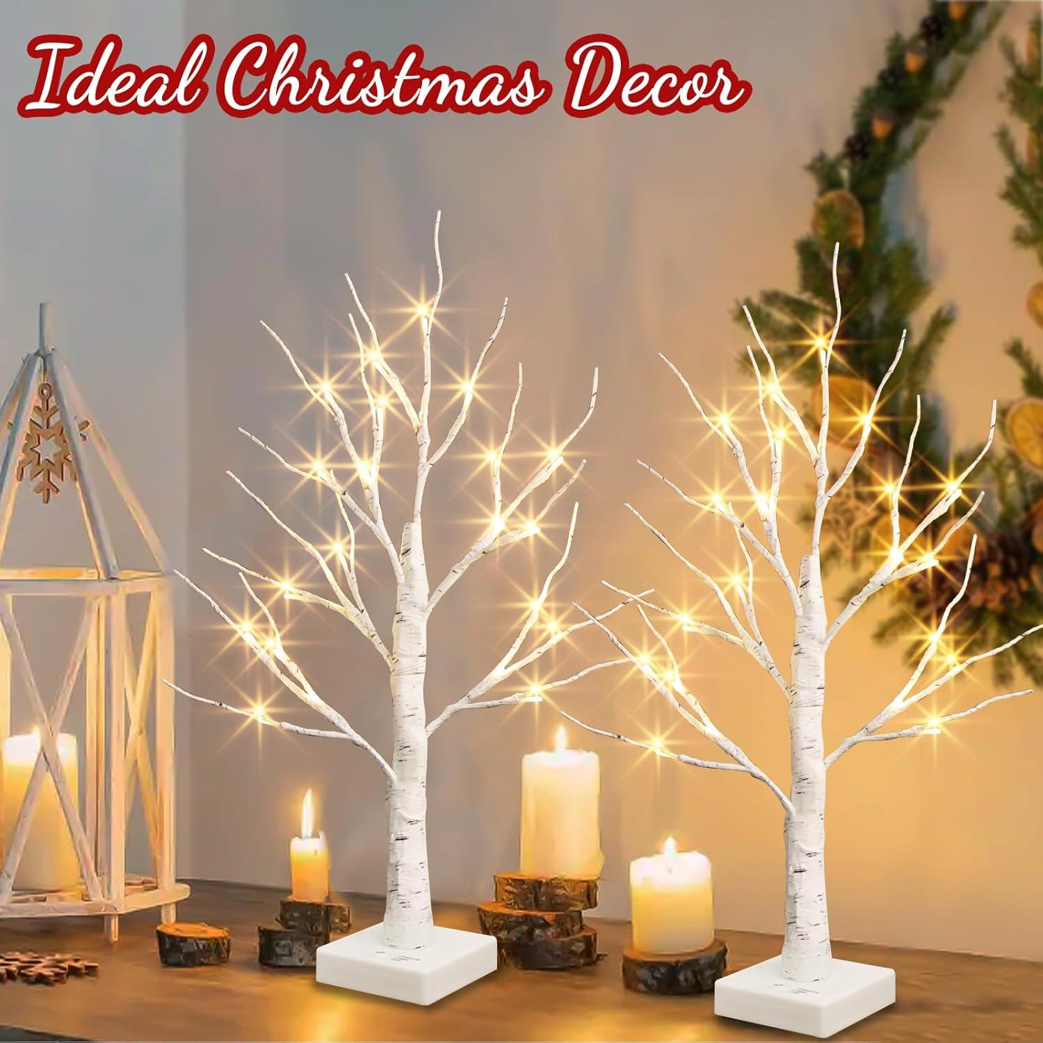 The Holiday Aisle® White Birch Tree With LED Lights - Set Of 2, LED Tabletop Tree With Timer, Christmas Decorations Lighted Tree For Indoor Mantel Home Decor (2 FT, 24 LED)