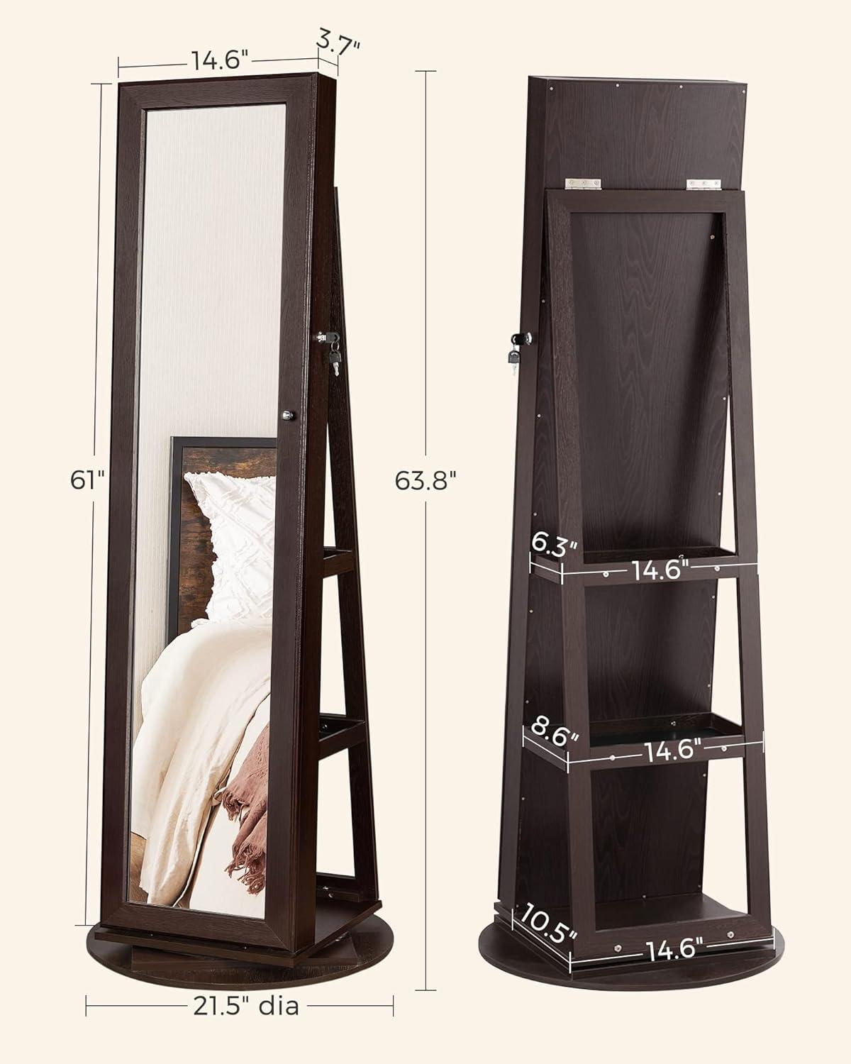 360° Swivel Jewelry Cabinet with Full Length Mirror Modern Adult Accessory Armoire, Brown