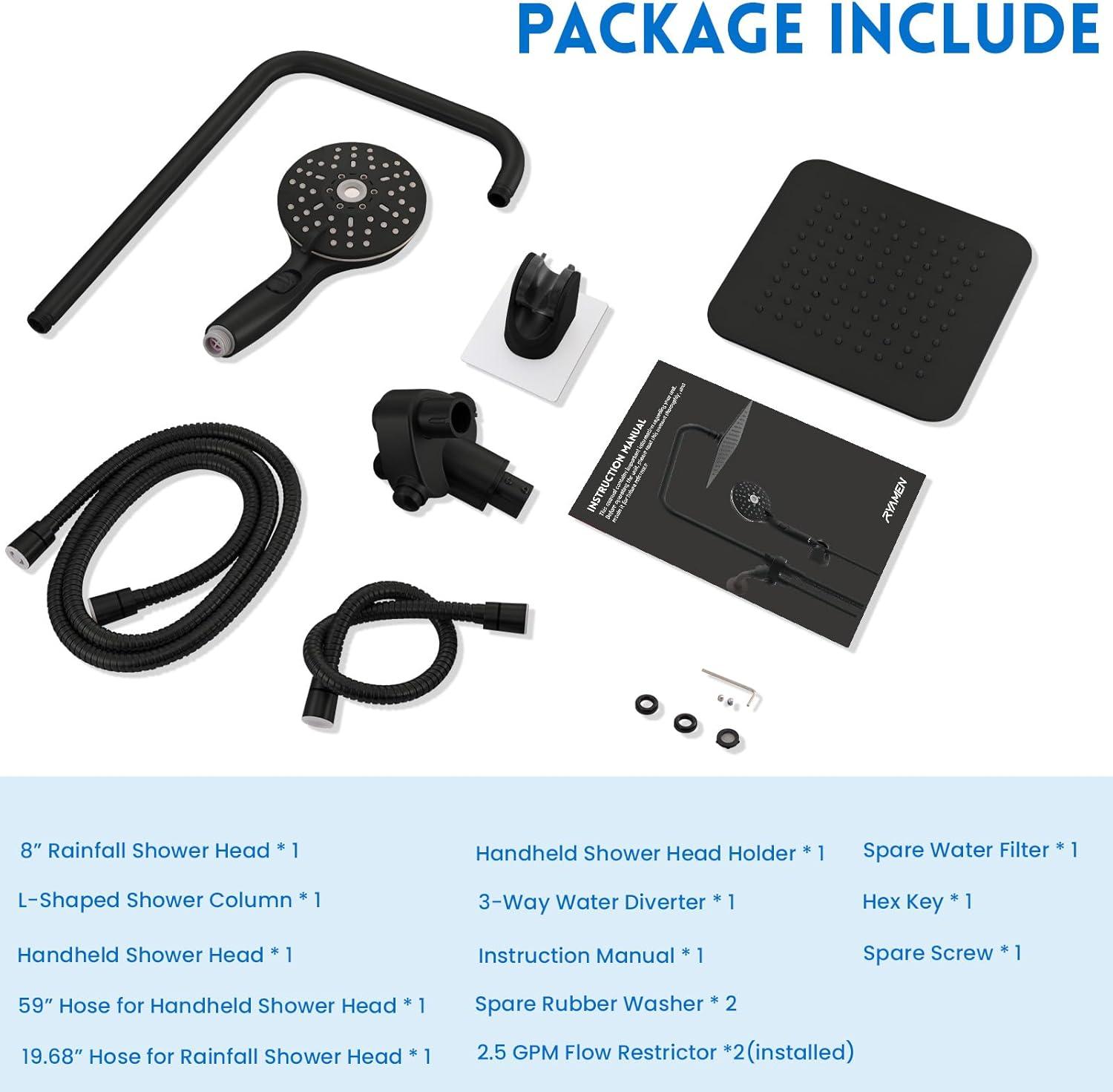 8" Dual Shower Head Combo, Rainfall Shower Head with Handheld, 6 Spray Settings Angle Adjustable Handheld Shower Head with Pause, Height Adjustable, Matte Black