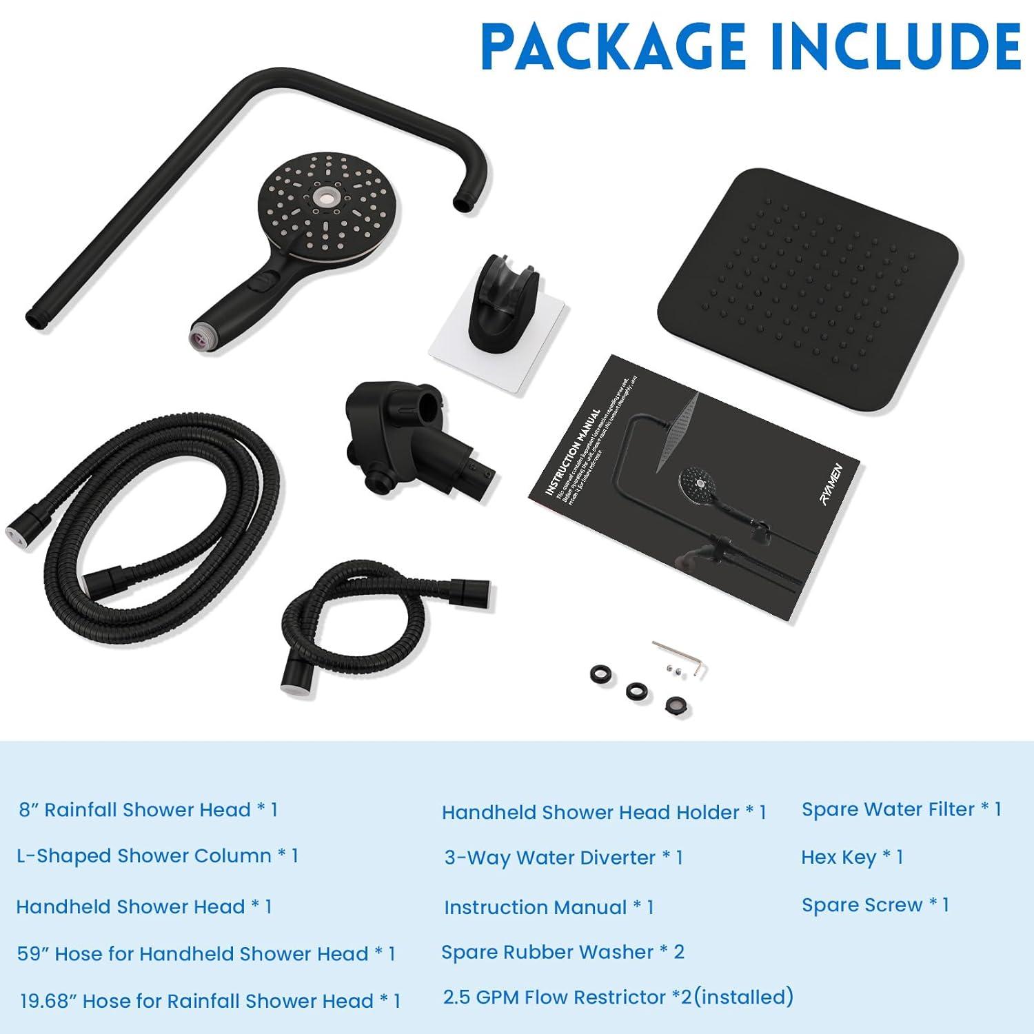 8" Dual Shower Head Combo, Rainfall Shower Head with Handheld, 6 Spray Settings Angle Adjustable Handheld Shower Head with Pause, Height Adjustable, Matte Black