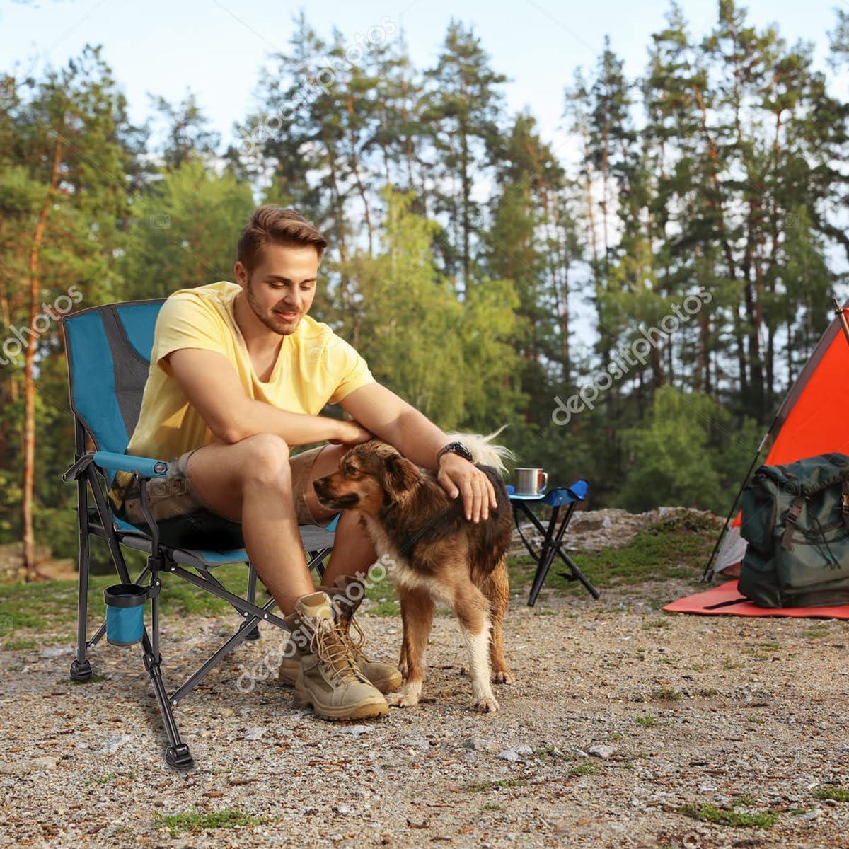 Luxury Heated Portable Camp Chair - Blue/Grey - Great for Camping, Sports and the Beach
