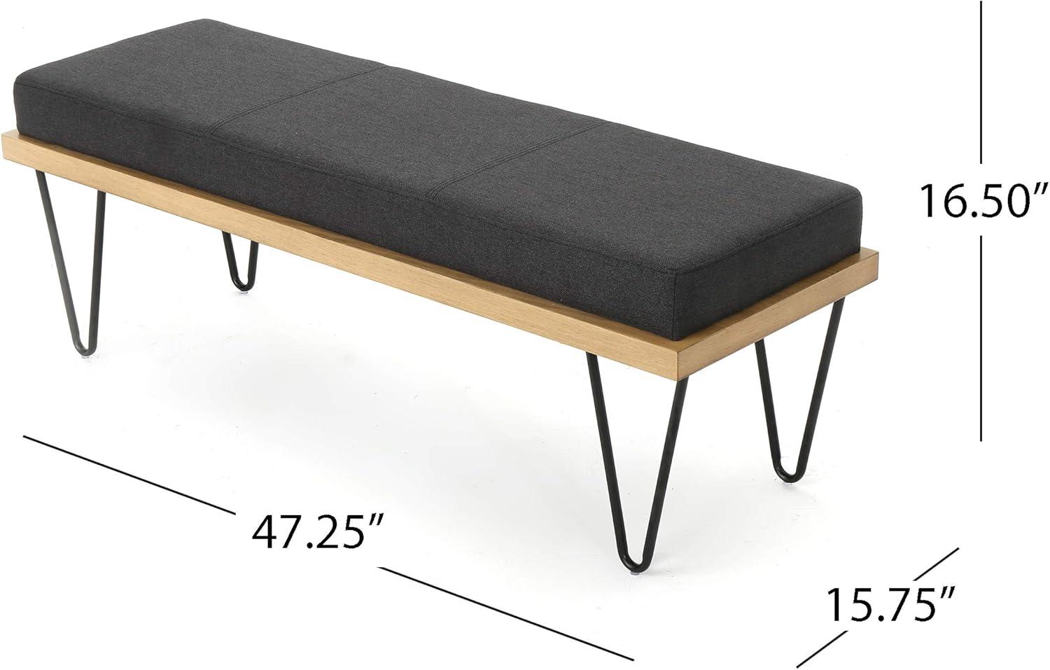 Elaina Dark Charcoal Fabric Bench with Matte Black Hairpin Legs