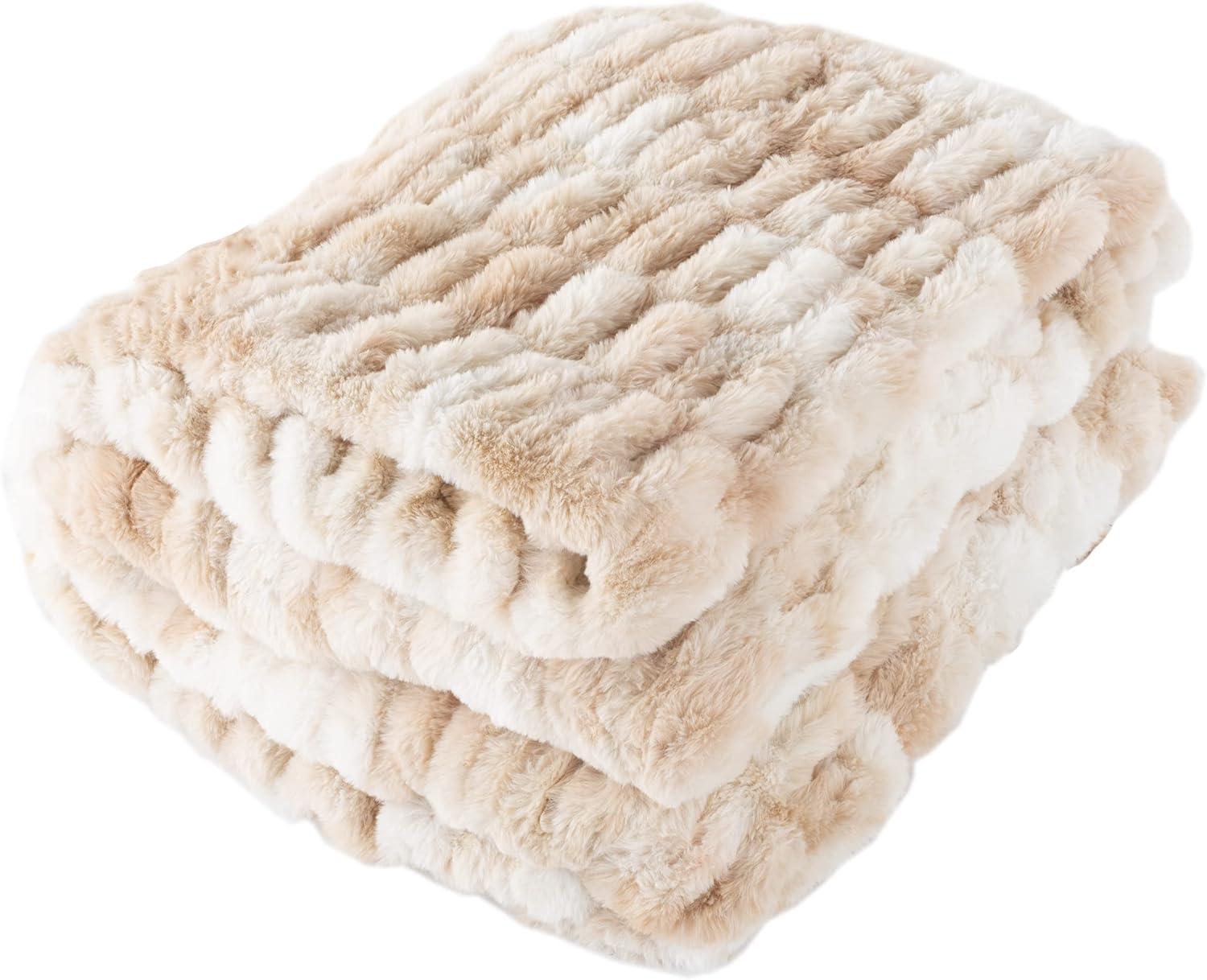 Oversized Ruched Faux Fur Blanket - 60x80-Inch Jacquard Faux Fur Queen-Size Throw for Sofas and Beds - Luxurious Bedding by Lavish Home