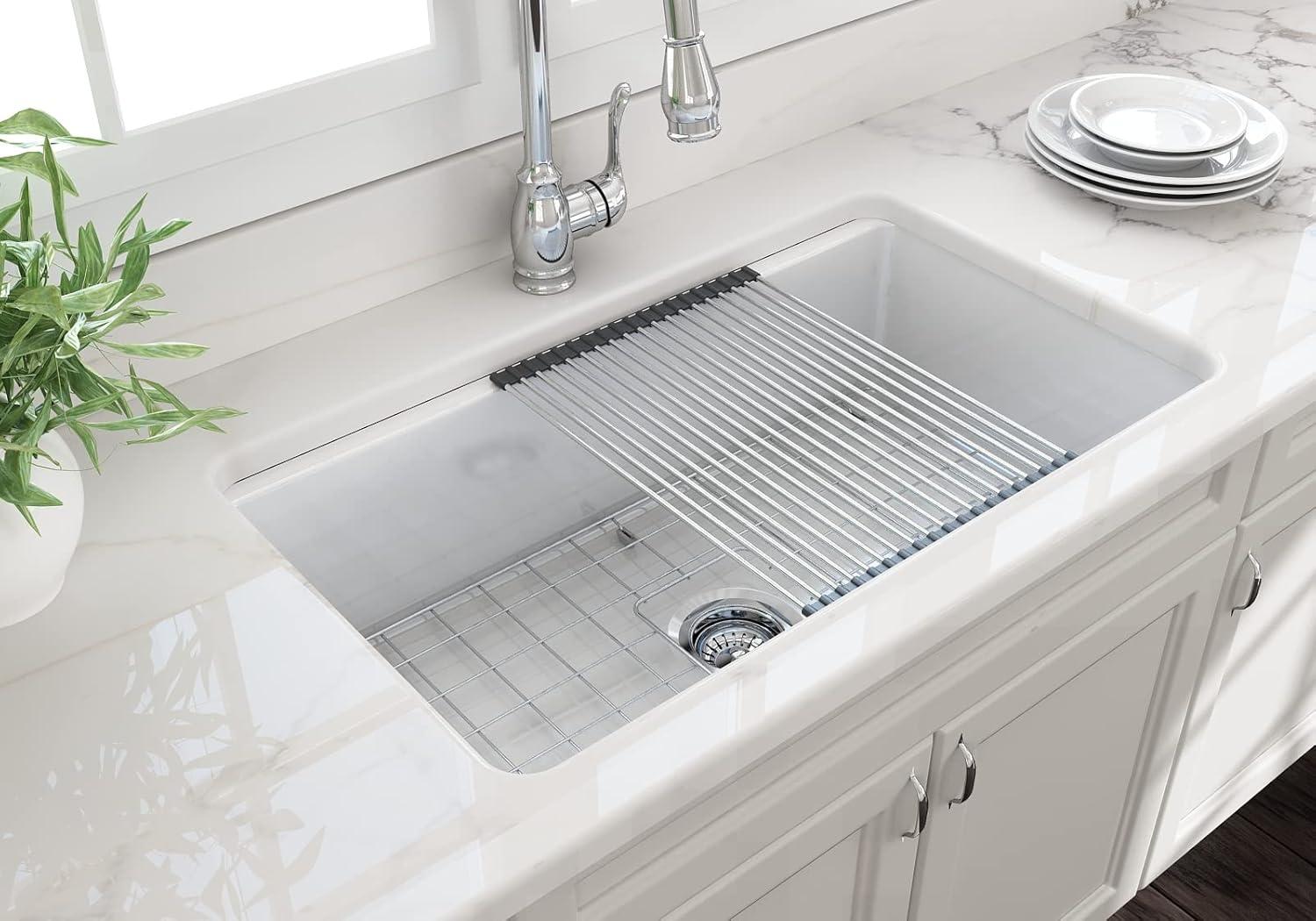 White Fireclay Farmhouse Drop-in Single Bowl Kitchen Sink Kit