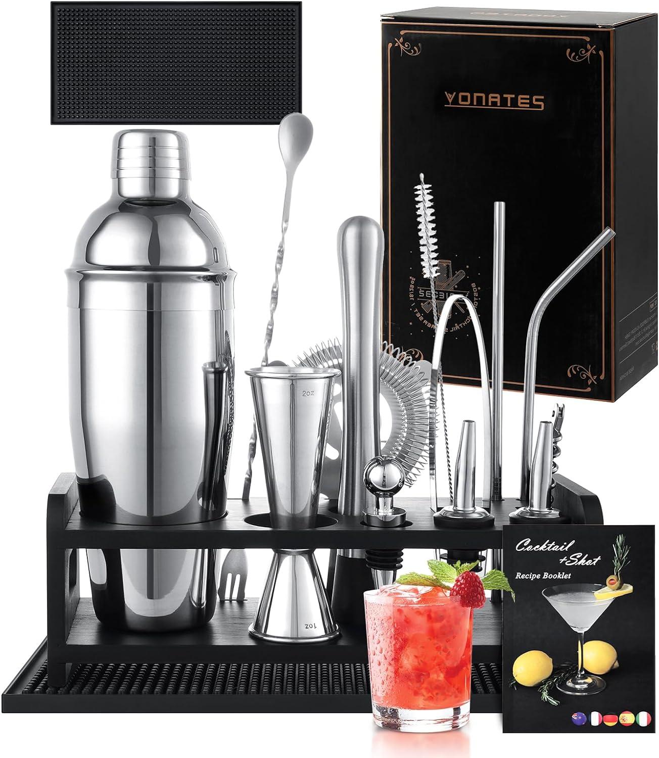 16-Piece Stainless Steel Cocktail Shaker Set with Wooden Stand