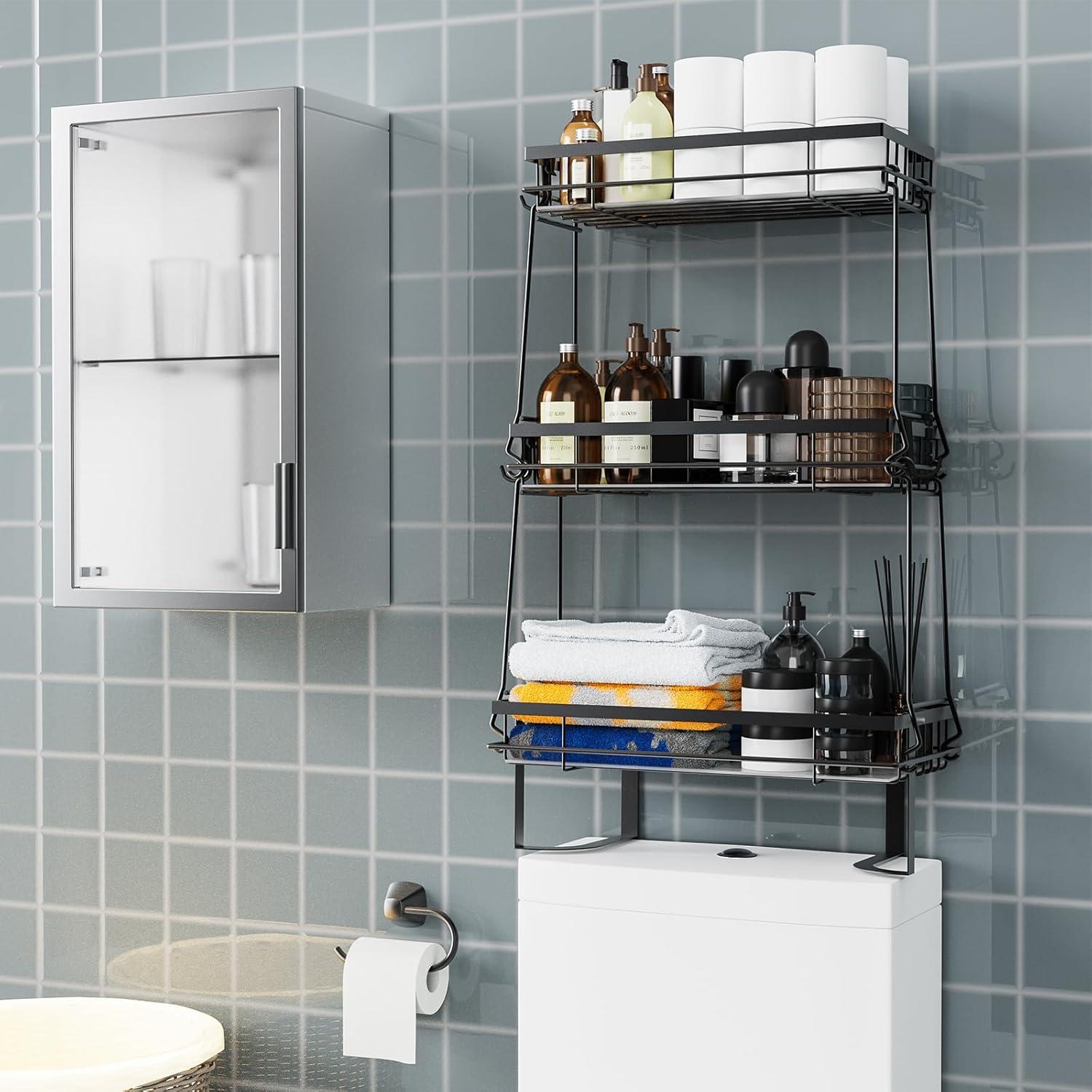 NiHome Waterproof Iron 3-Shelf Bathroom Organizer with Hooks, Black