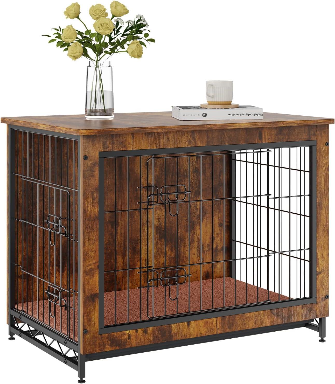 Rustic Brown Wooden Dual-Door Pet Crate Table