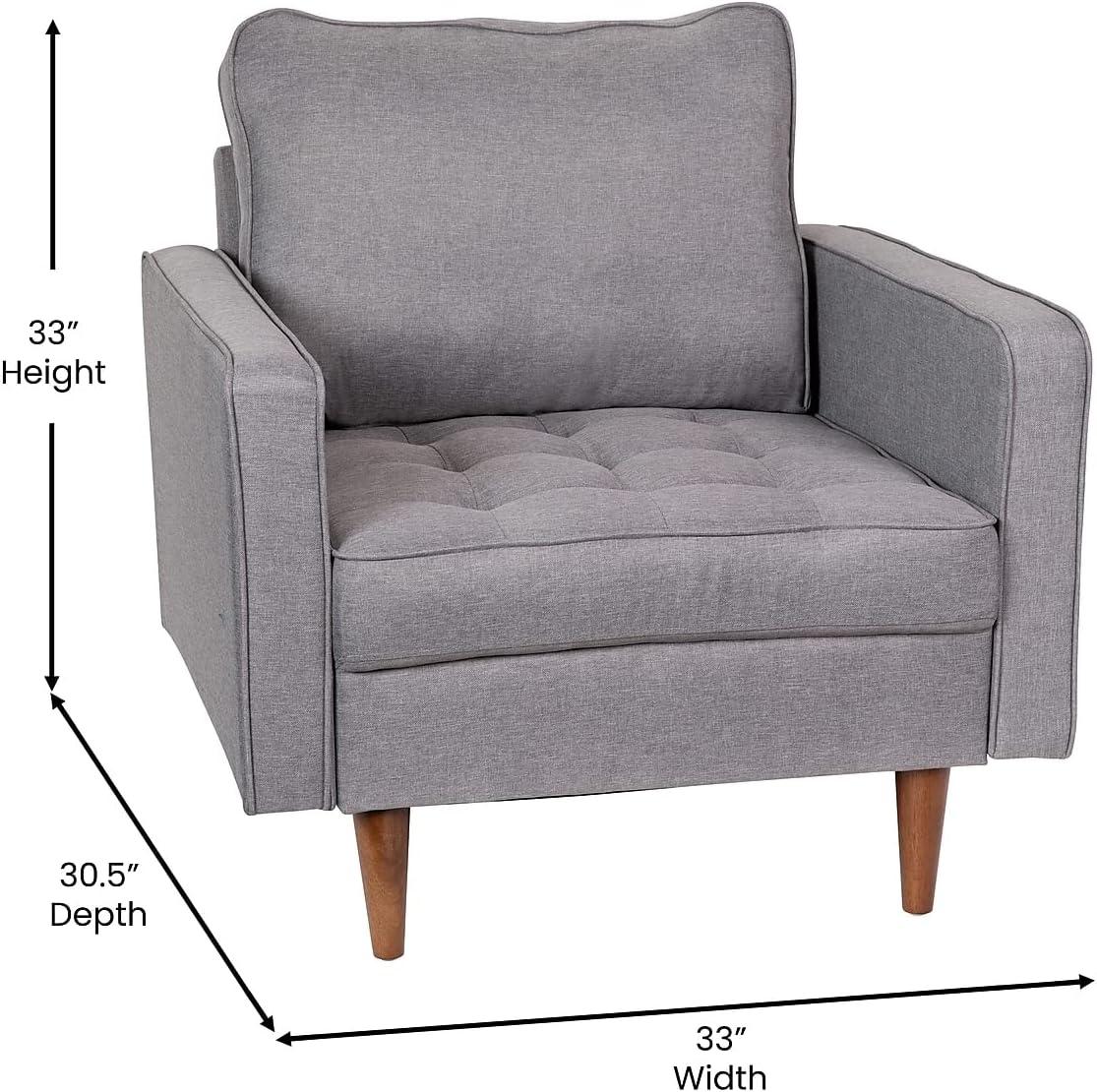 Flash Furniture Hudson Mid-Century Modern Commercial Grade Armchair with Tufted Faux Linen Upholstery & Solid Wood Legs in Slate Gray