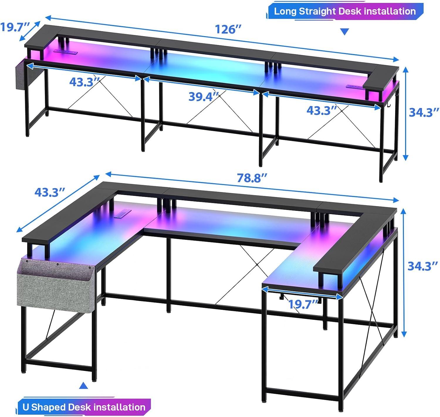 Jojoka U Shaped Computer Gaming Desk with LED Light & Power Outlets, Reversible 78.8" Large PC Desk with Monitor Stand & Storage Bag, Home Office Desk, Study Desk, Writing Desk, Workstation, Black