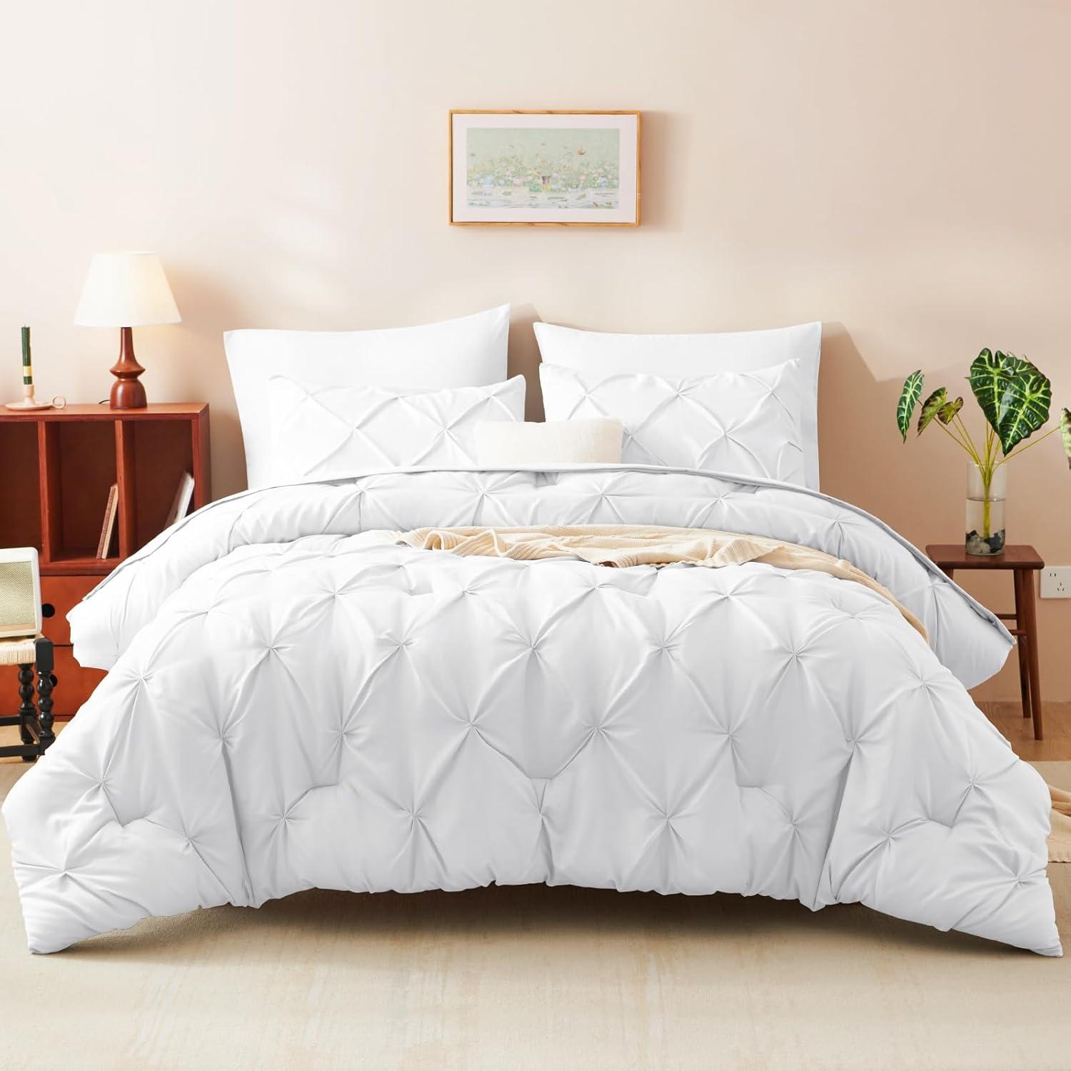 Cozy Comfort White King Comforter Set - 7 Pieces Pintuck Bed in A Bag, Bedding Sets with Comforters, Sheets, Pillowcases & Shams