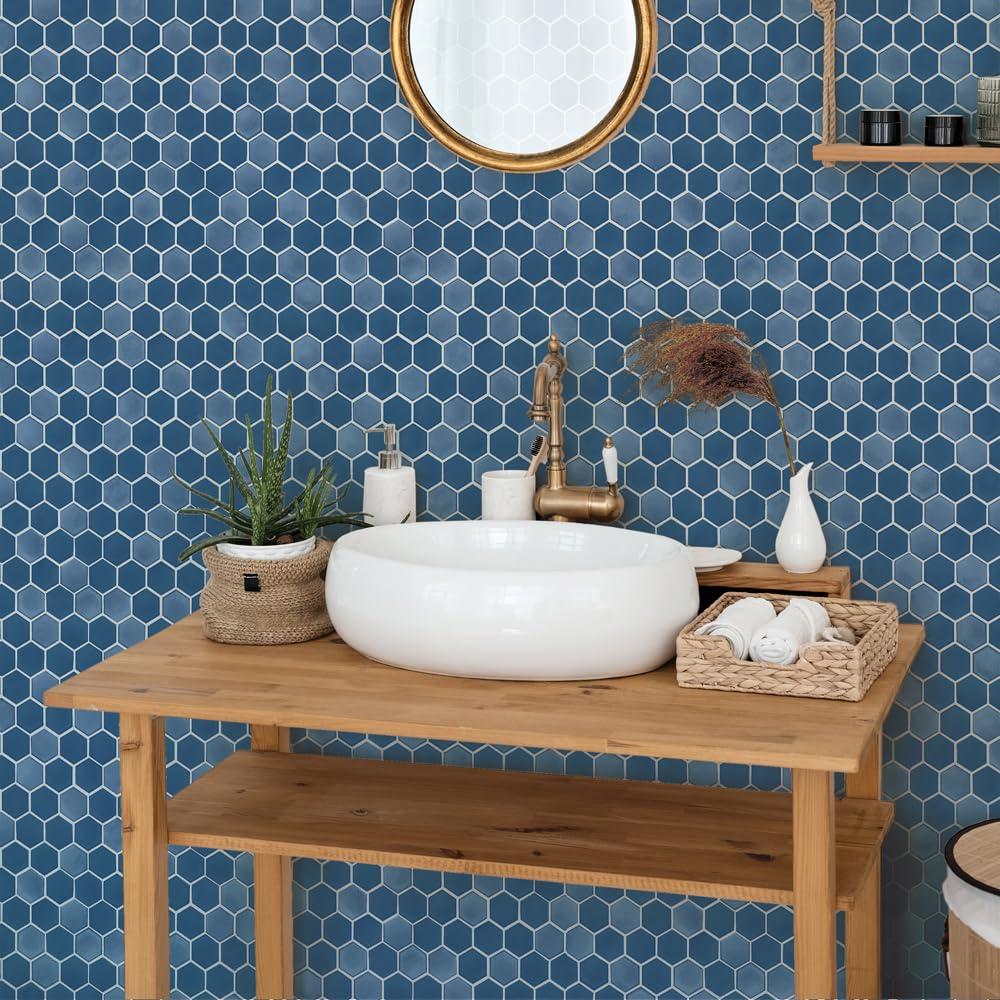 Tempaper & Co.® Hexagon Tile Removable Peel and Stick Wallpaper, Shades of Sapphire, 28 sq. ft.: Vinyl, Self-Adhesive, Geometric Design