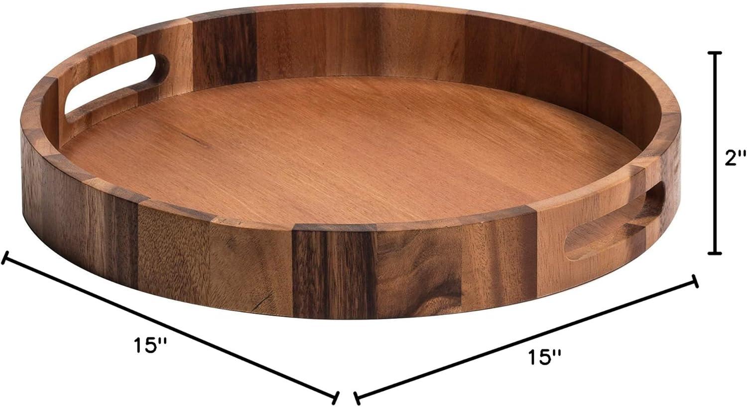 Acacia Wood 15 Inch Round Serving Tray with Handles