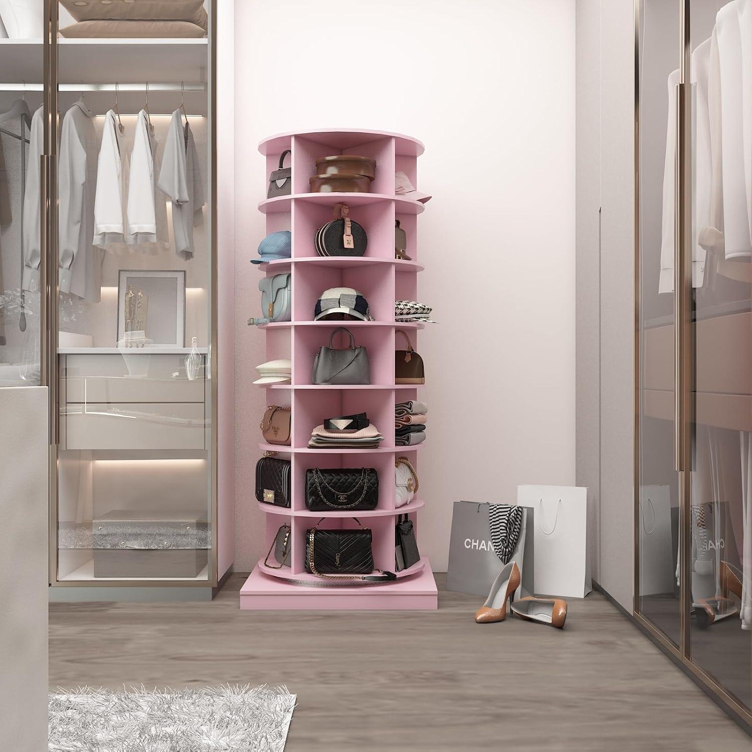Rotating Shoe Rack Tower 360, Spinning Shoe Rack Tower 7 Tier for Closet, Entryway, Tall Shoe Storage Organizer, Holds Up to 28 Pairs of Shoes Pink
