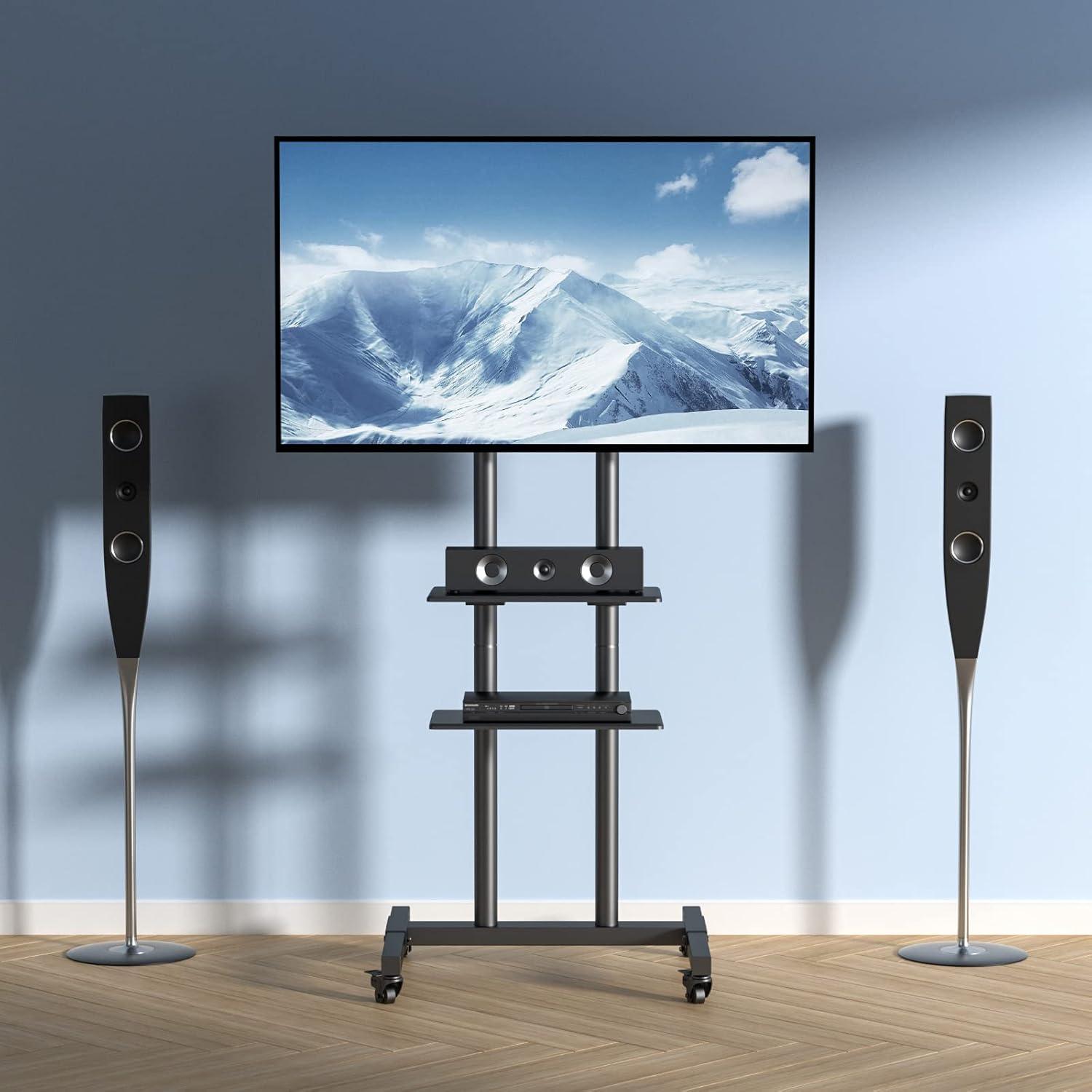 Black Adjustable Mobile TV Stand with Double Tray for 32-70 inch TVs