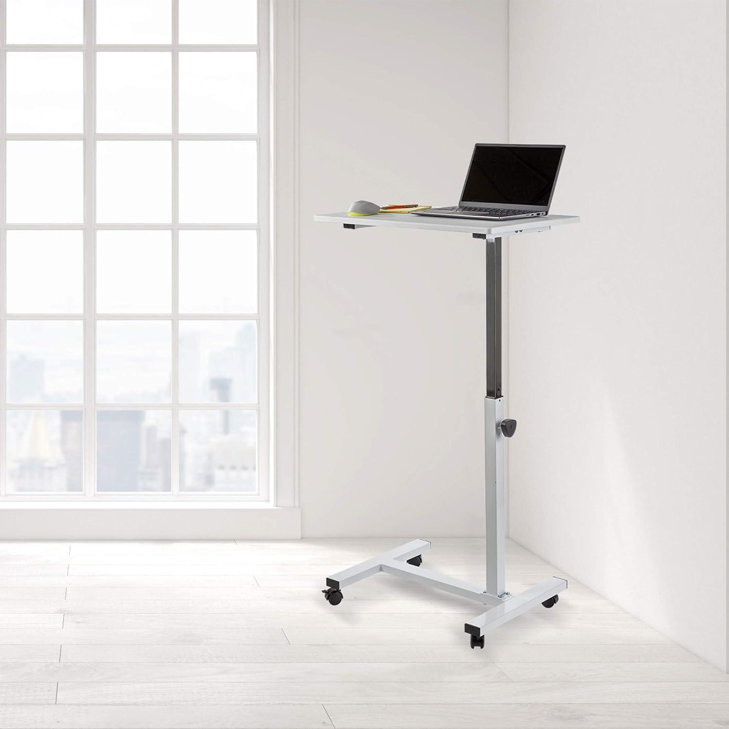 White Adjustable Height Rolling Laptop Desk with Wheels