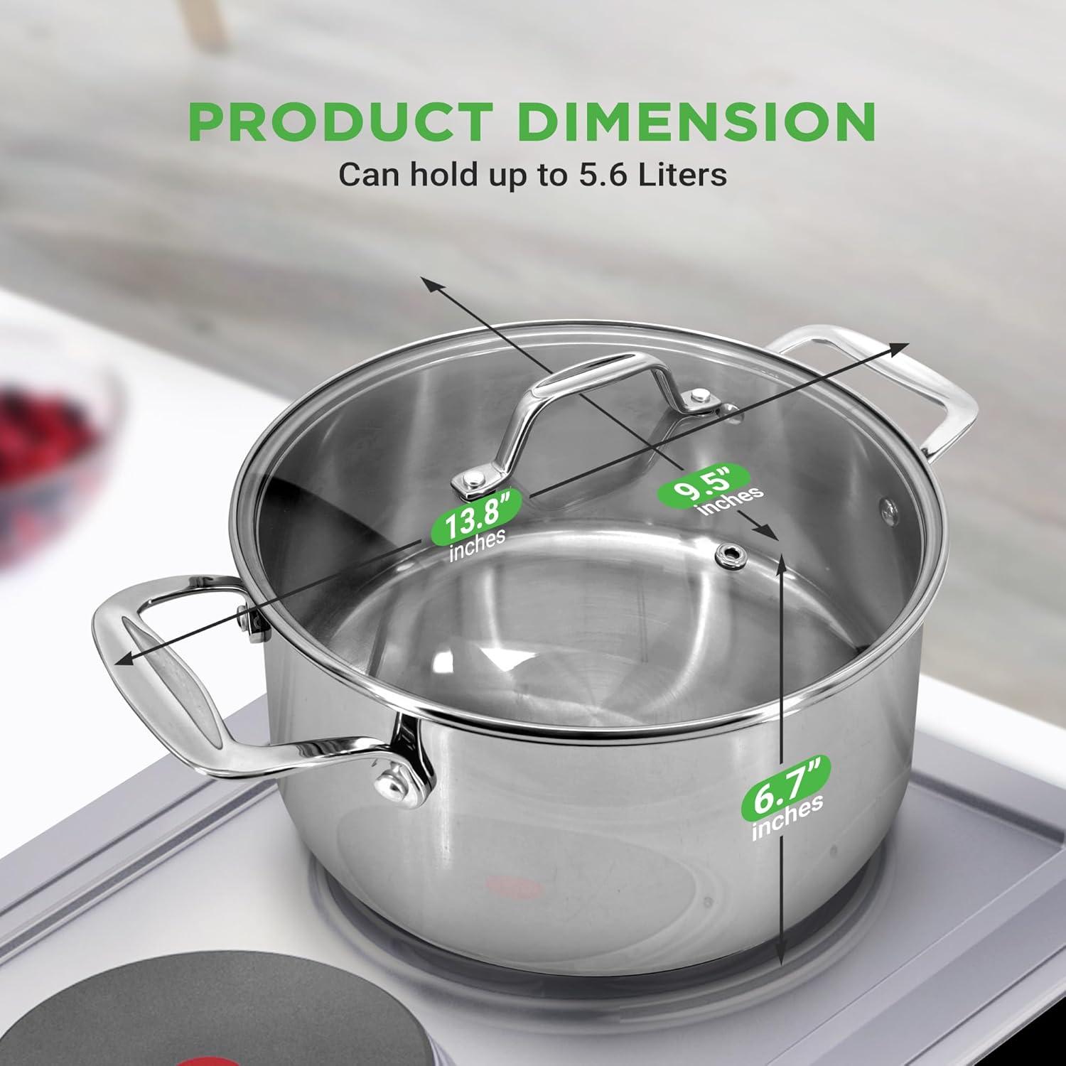 NutriChef 6-Quart Stainless Steel Stock Pot - 18/8 Food Grade Steel Heavy Duty Induction - Stock Pot, Stew Pot, Simmering Pot, Soup Pot