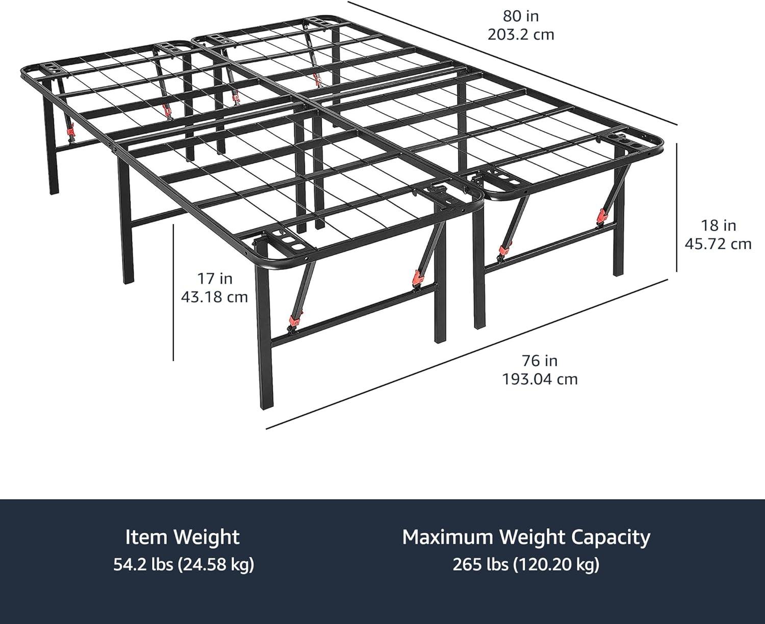 Amazon Basics Bed Frame with Storage, Foldable Metal Platform, Sturdy Steel, No Box Spring Needed, 18 Inches High, Tool-Free Setup, King Size, Black