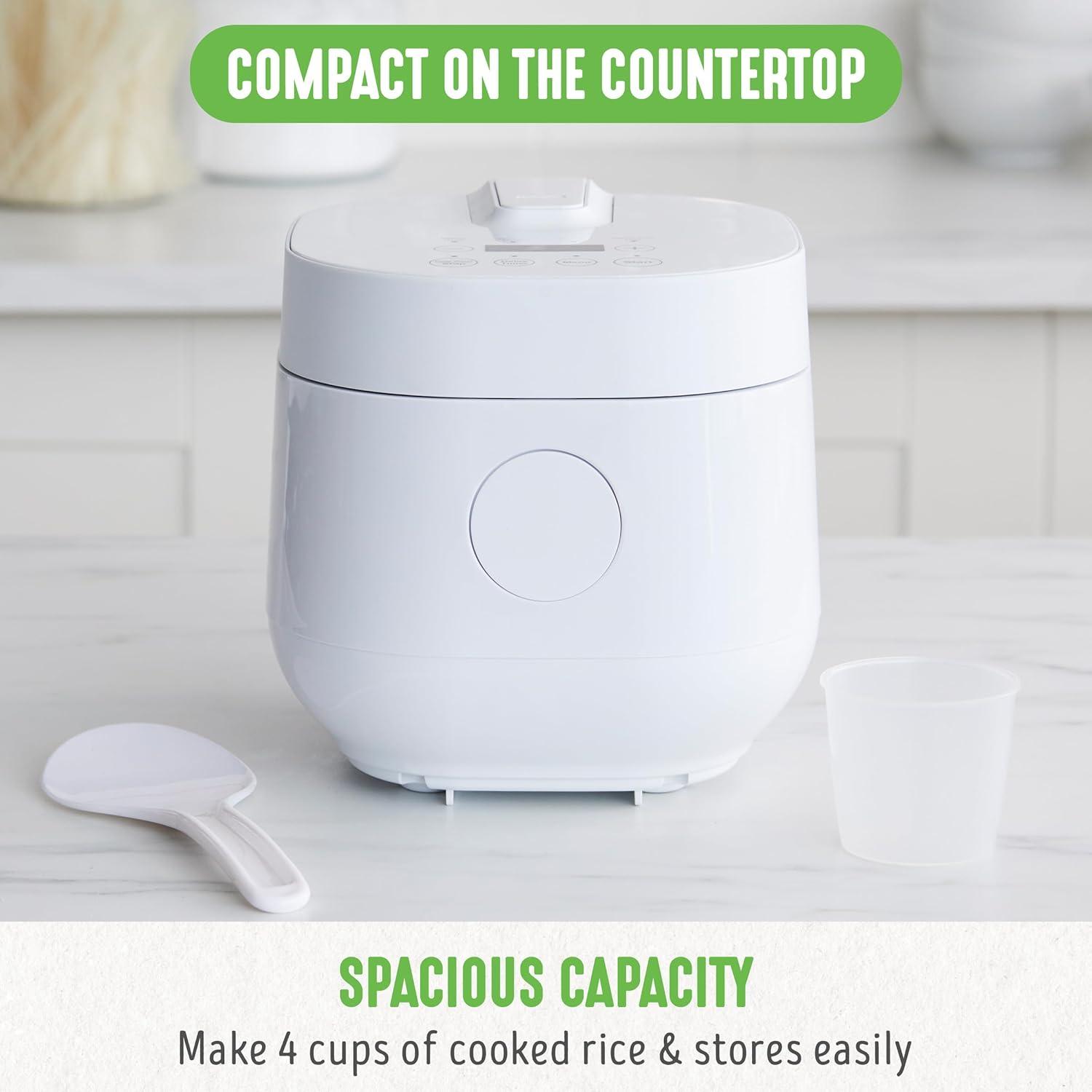 Compact White Electric Rice and Grains Cooker with Ceramic Nonstick Bowl