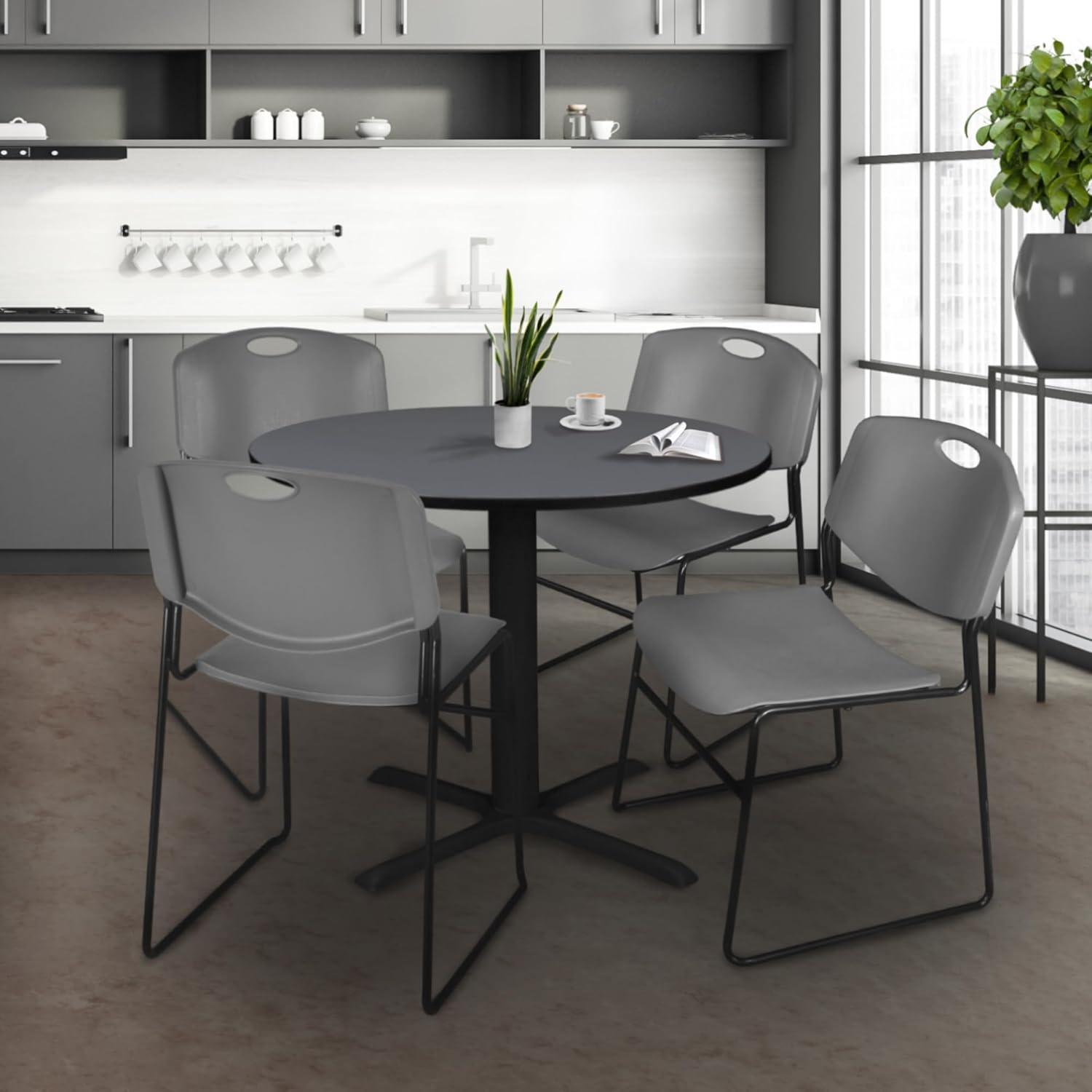 Regency Cain 42 in. Round X-Base Breakroom Table- Grey & 4 Zeng Stack Chairs- Grey