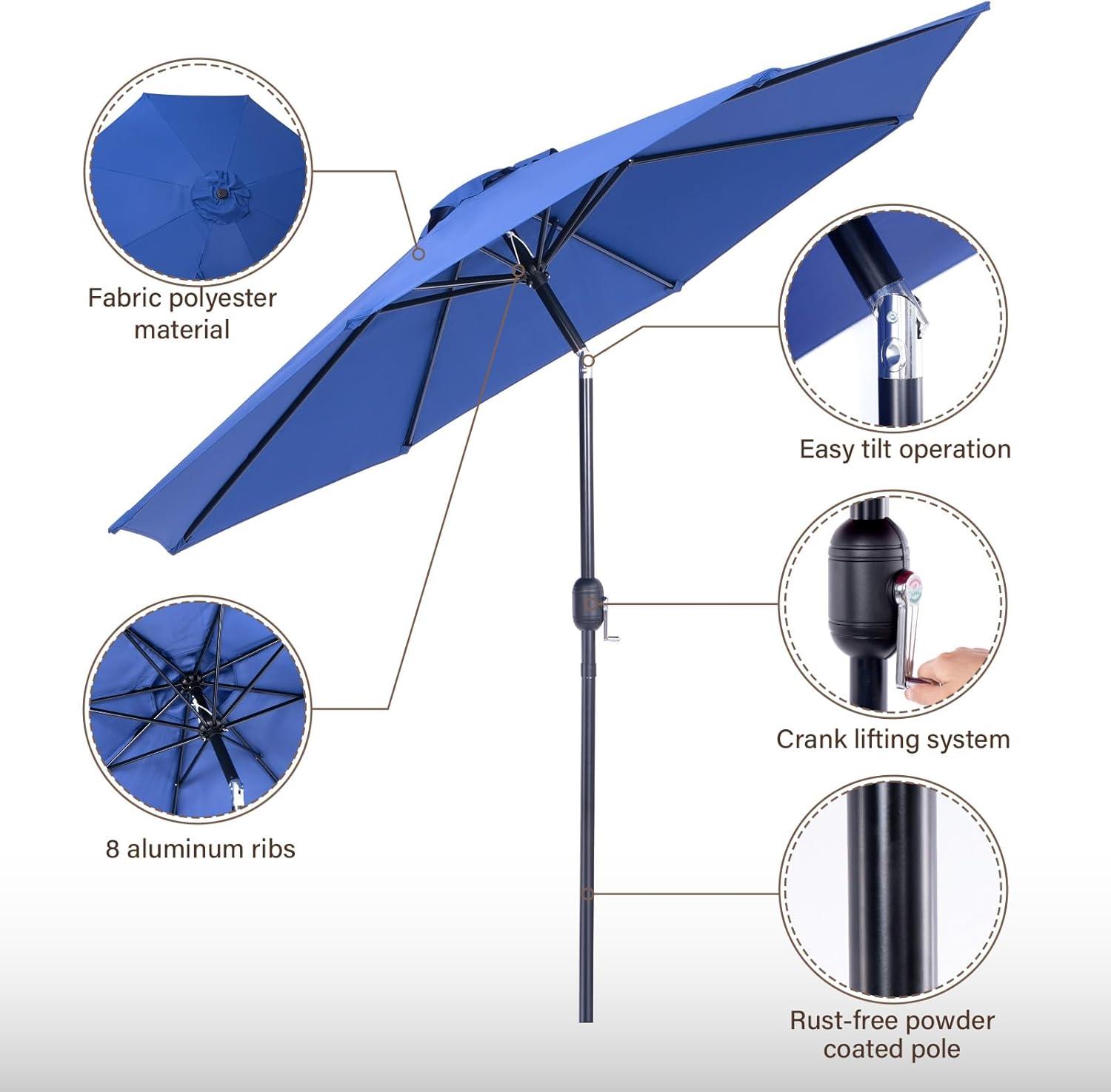 9 Ft Patio Umbrella with Crank System and Tilting Feature - UV Resistant Polyester Fabric - Blue