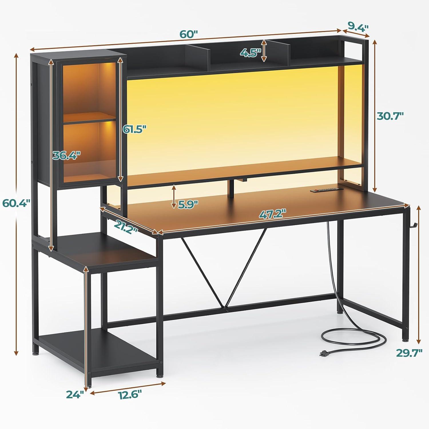 Afuhokles Computer Desk with Hutch and Charging Station, Gaming Desk with LED Light, Monitor Stand, Glass Display Cabinet, Black