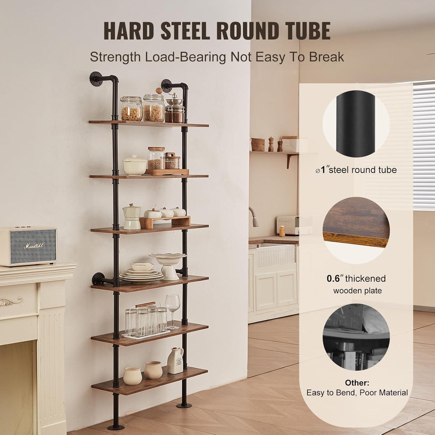 VEVOR Industrial Pipe Shelf, 6 Tier 24x9.84in, Wall-Mount Floating Rustic Wood Shelves Bracket Display Bookshelf, Storage Rack Sundries Holder for Kitchen Bedroom Bathroom Living Room, Black
