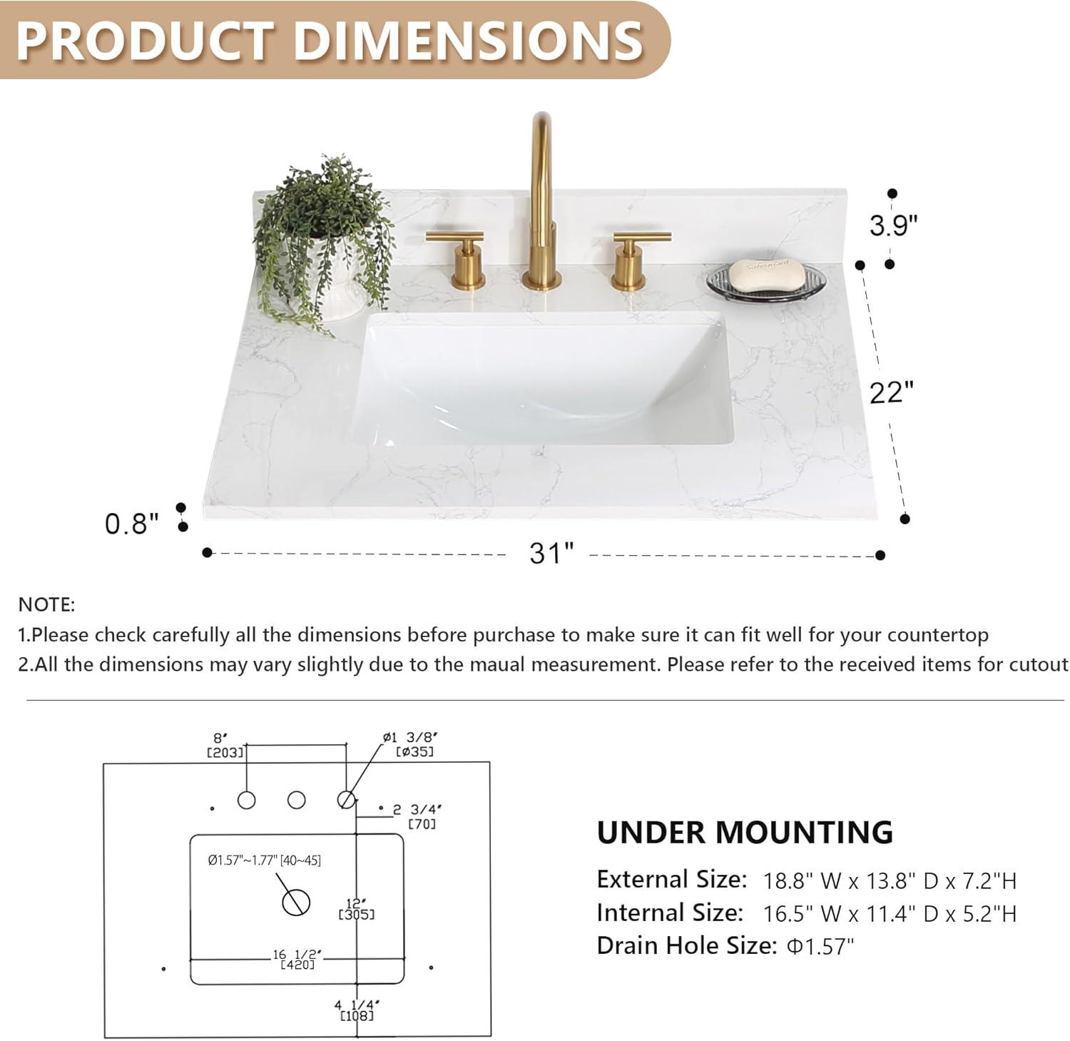 Ceres 31" Engineered Stone Single Bathroom Vanity Top with Sink