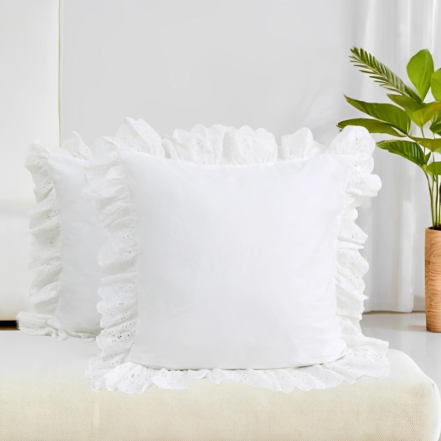 Lemfux Cotton Euro Shams with White Lace Ruffles, 26 x26 Inch, Set of 2,Rustic Farmhouse Lace Shabby Soft Breathable Bridal Pure White European, White Decorative Pillow Covers
